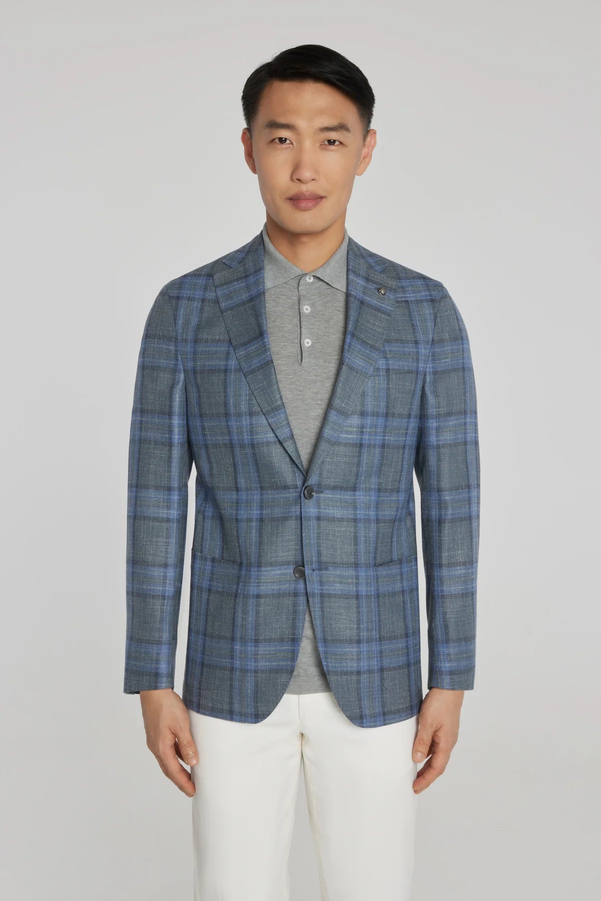 Grey and Blue Plaid Hampton Contemporary Fit Knit Wool Silk Linen Loro Piana Blazer Jack Victor 42 R
