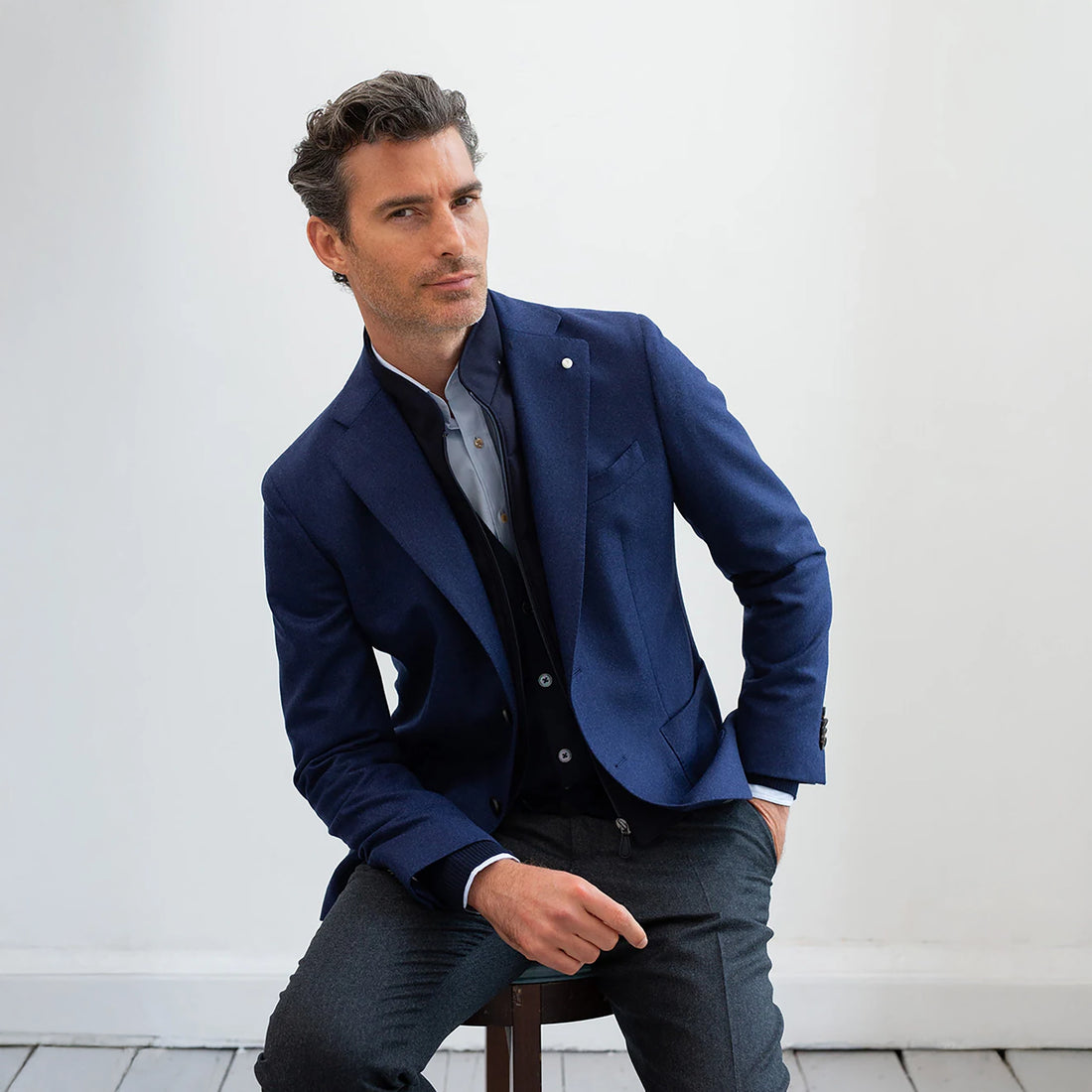 Royal Blue Solid Wool Hybrid Sport Jacket with Bib - Luigi Bianchi