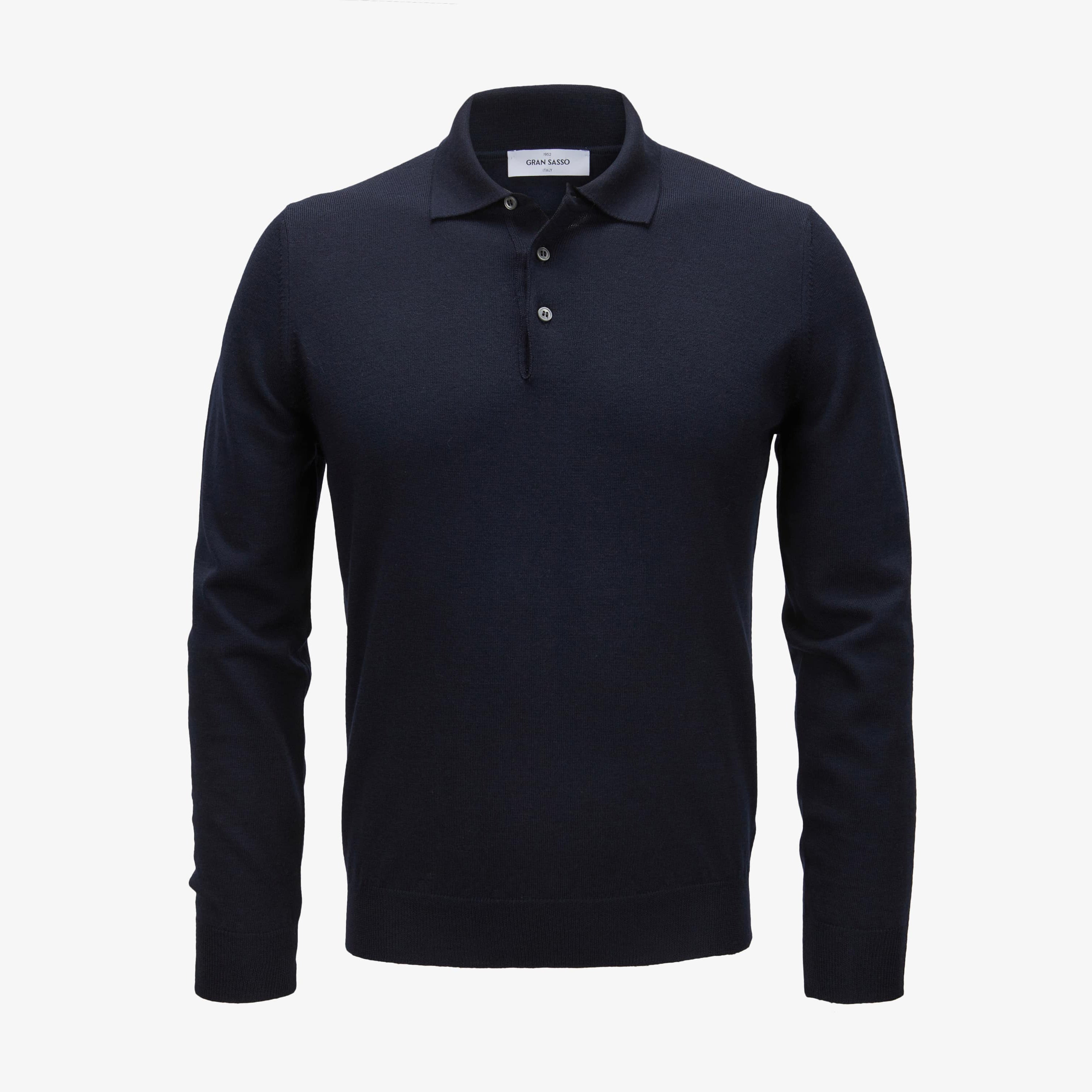 Navy Blue Virgin Wool Knitted Long Sleeve Polo Shirt - GRAN SASSO
