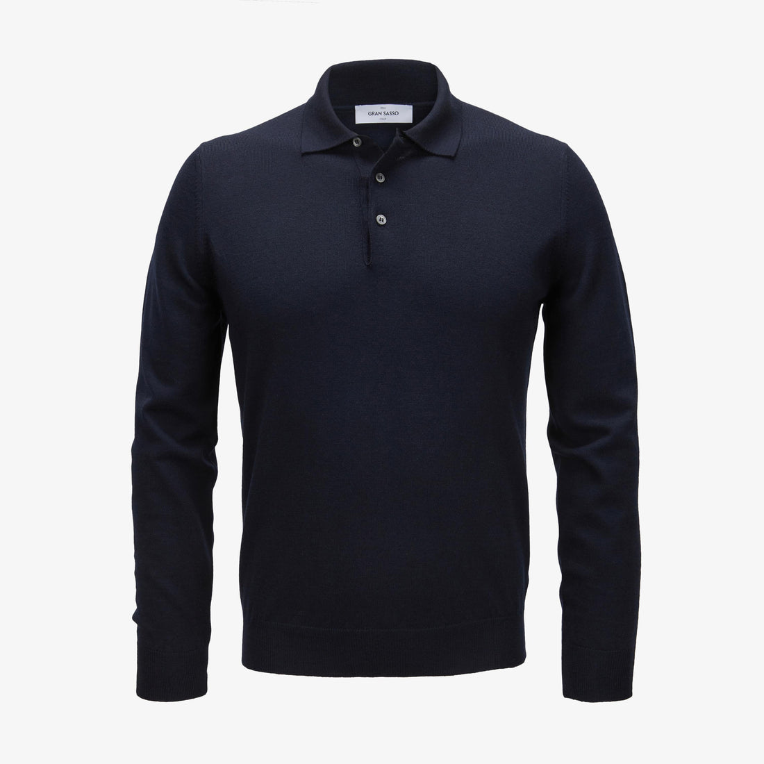 Navy Blue Virgin Wool Knitted Long Sleeve Polo Shirt - GRAN SASSO