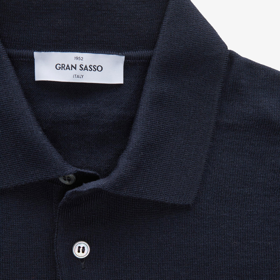 Navy Blue Virgin Wool Knitted Long Sleeve Polo Shirt - GRAN SASSO