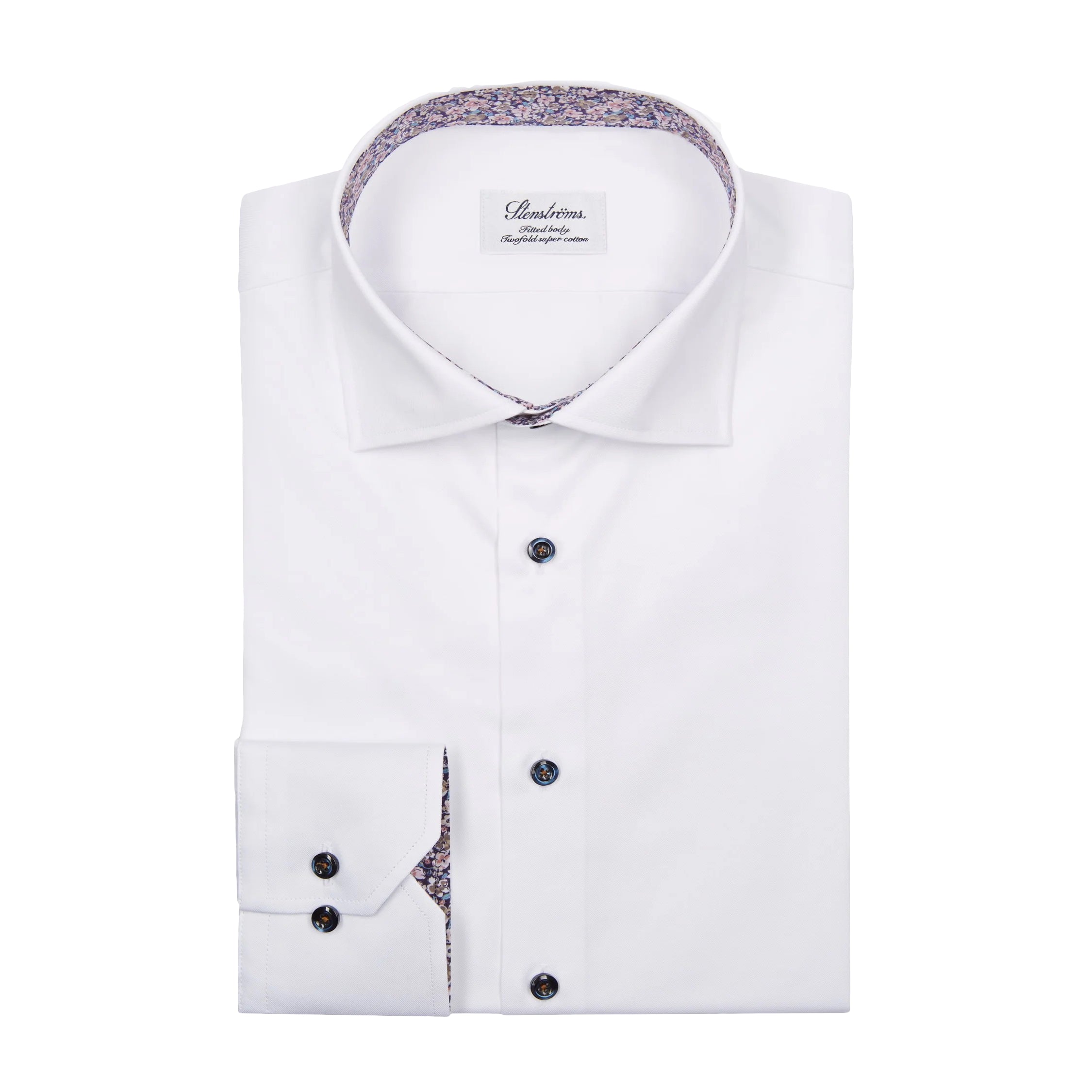 White Twill Fitted Body Shirt w/ Floral Contrast Trims - Stenströms