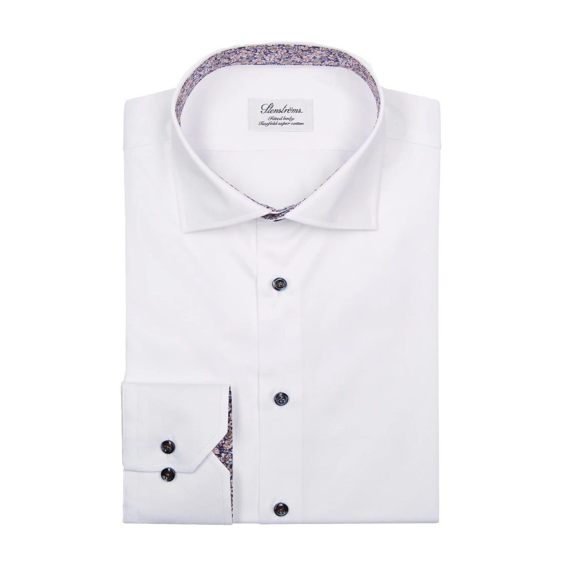 White Twill Fitted Body Shirt w/ Floral Contrast Trims - Stenströms