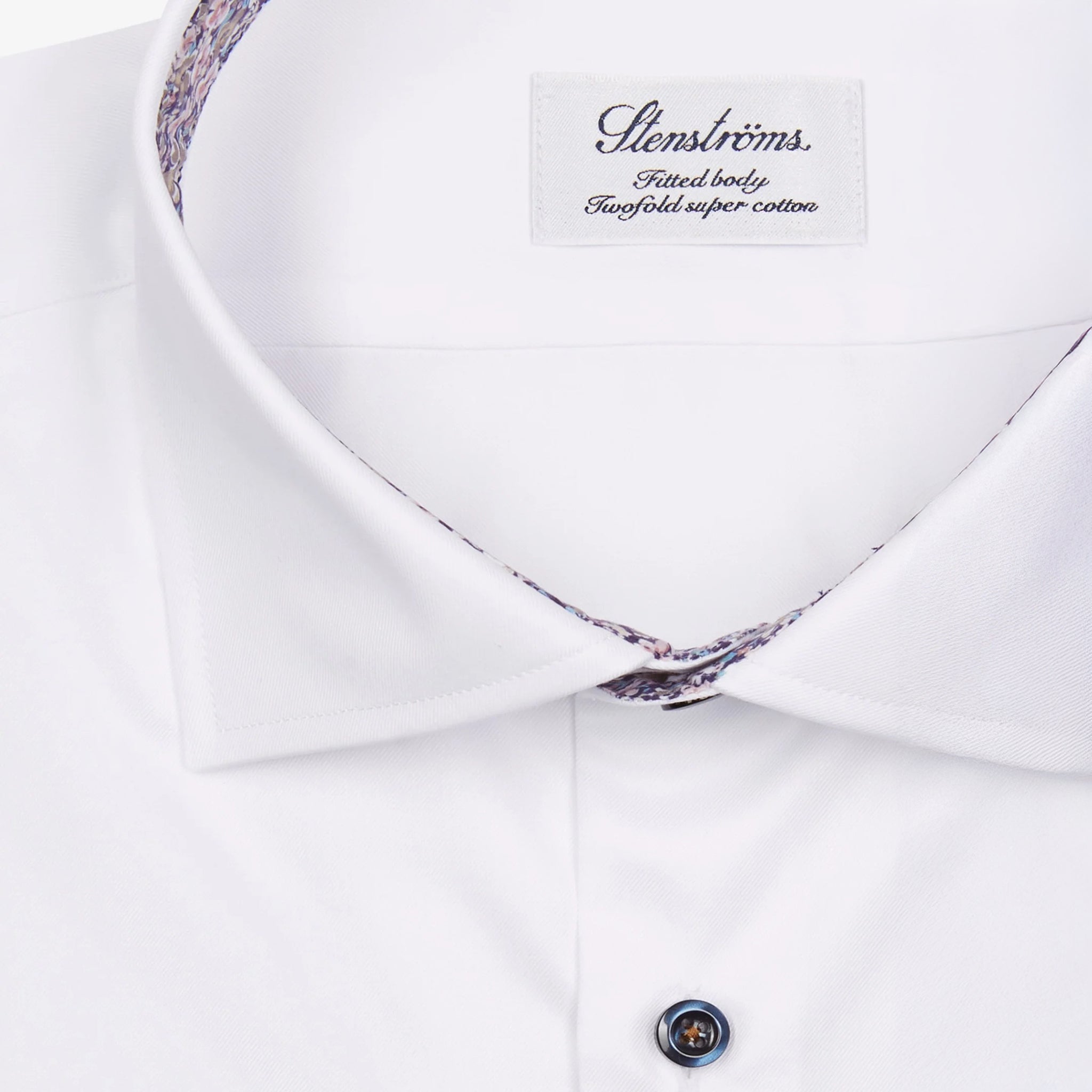 White Twill Fitted Body Shirt w/ Floral Contrast Trims - Stenströms