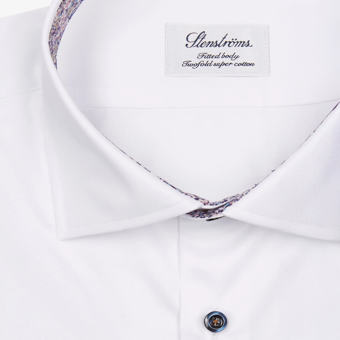 White Twill Fitted Body Shirt w/ Floral Contrast Trims - Stenströms