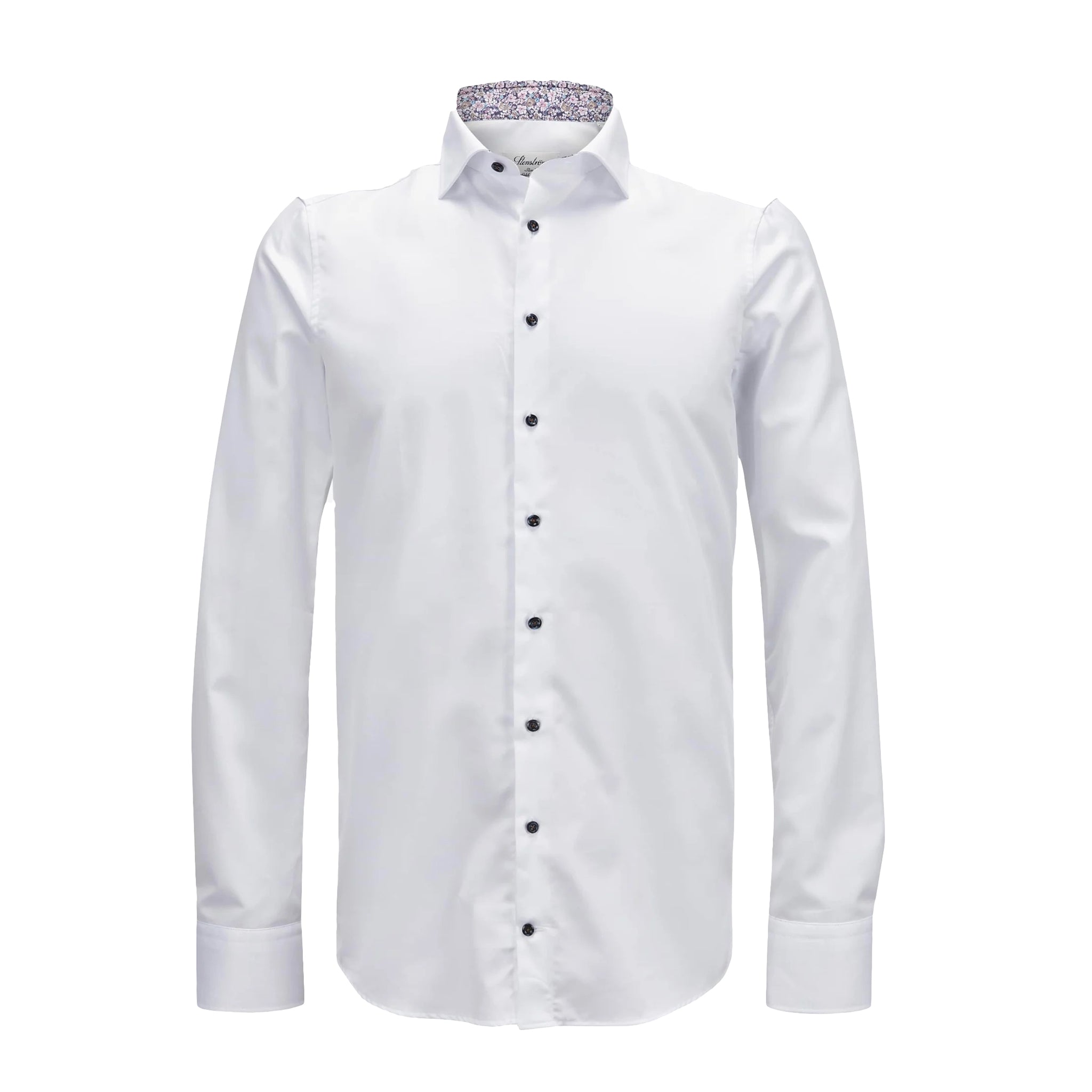 White Twill Fitted Body Shirt w/ Floral Contrast Trims - Stenströms