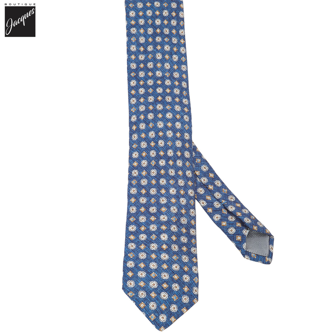 Denim Blue Mélange Medallion Printed Panama Silk Tie - DION