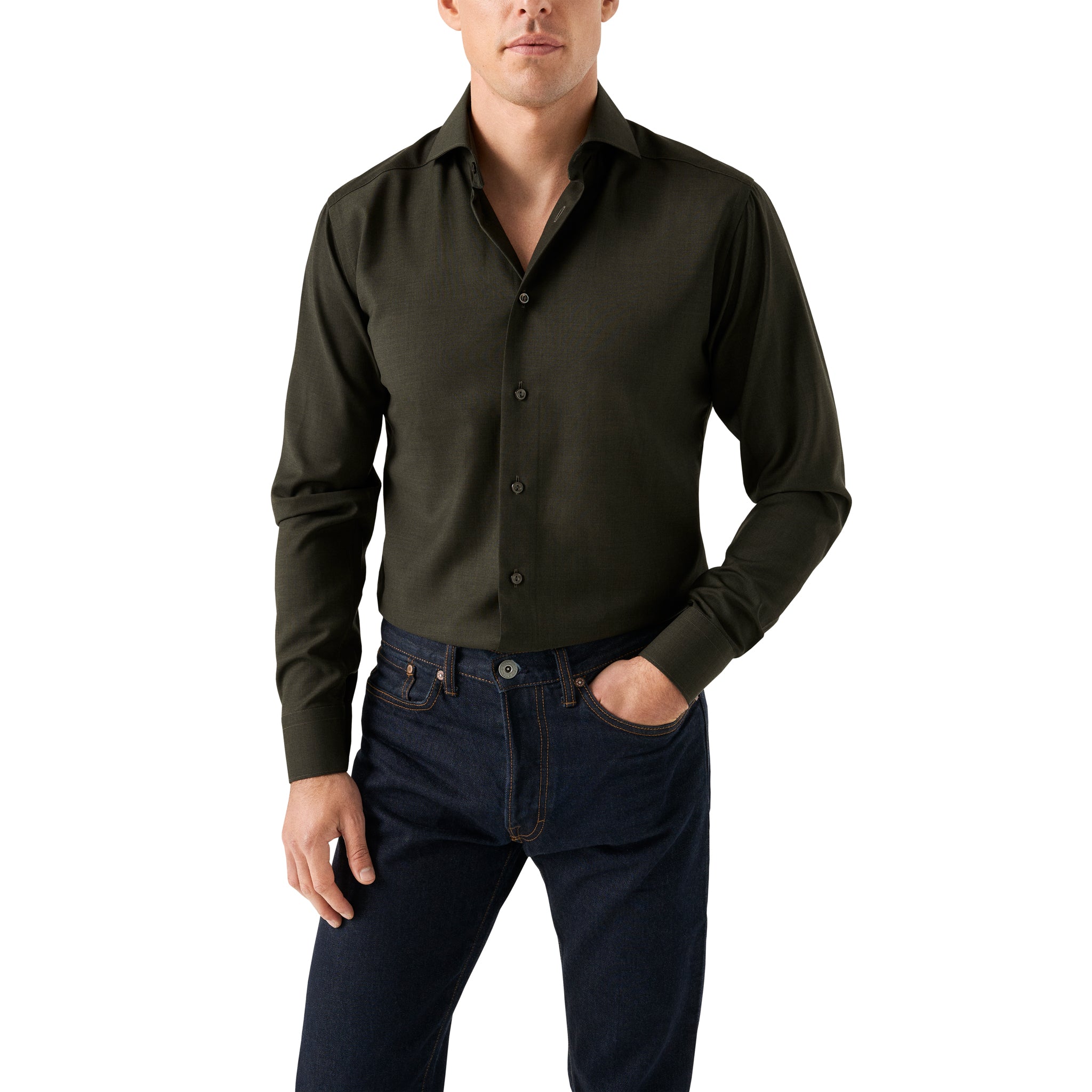 Dark Green Solid Merino Wool Contemporary Fit Shirt - ETON
