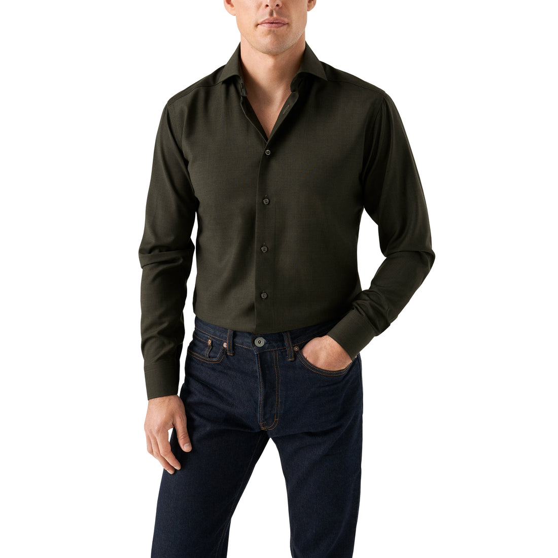 Dark Green Solid Merino Wool Contemporary Fit Shirt - ETON
