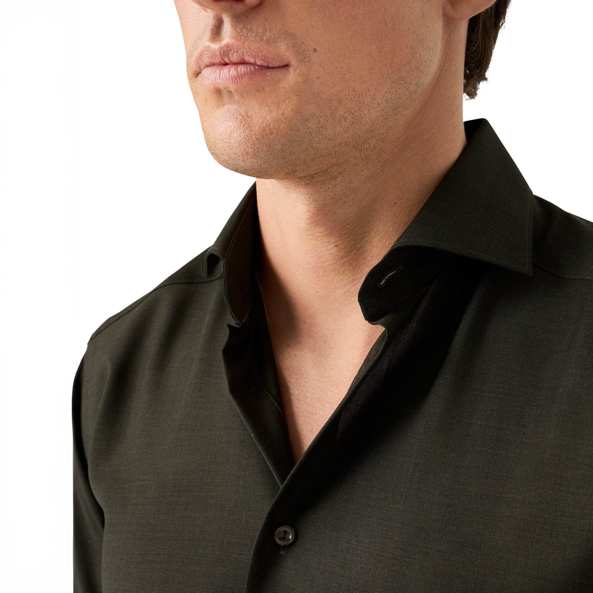 Dark Green Solid Merino Wool Contemporary Fit Shirt - ETON