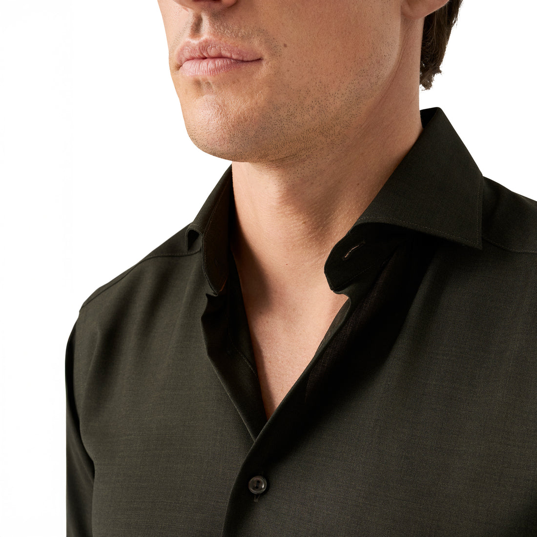 Dark Green Solid Merino Wool Contemporary Fit Shirt - ETON