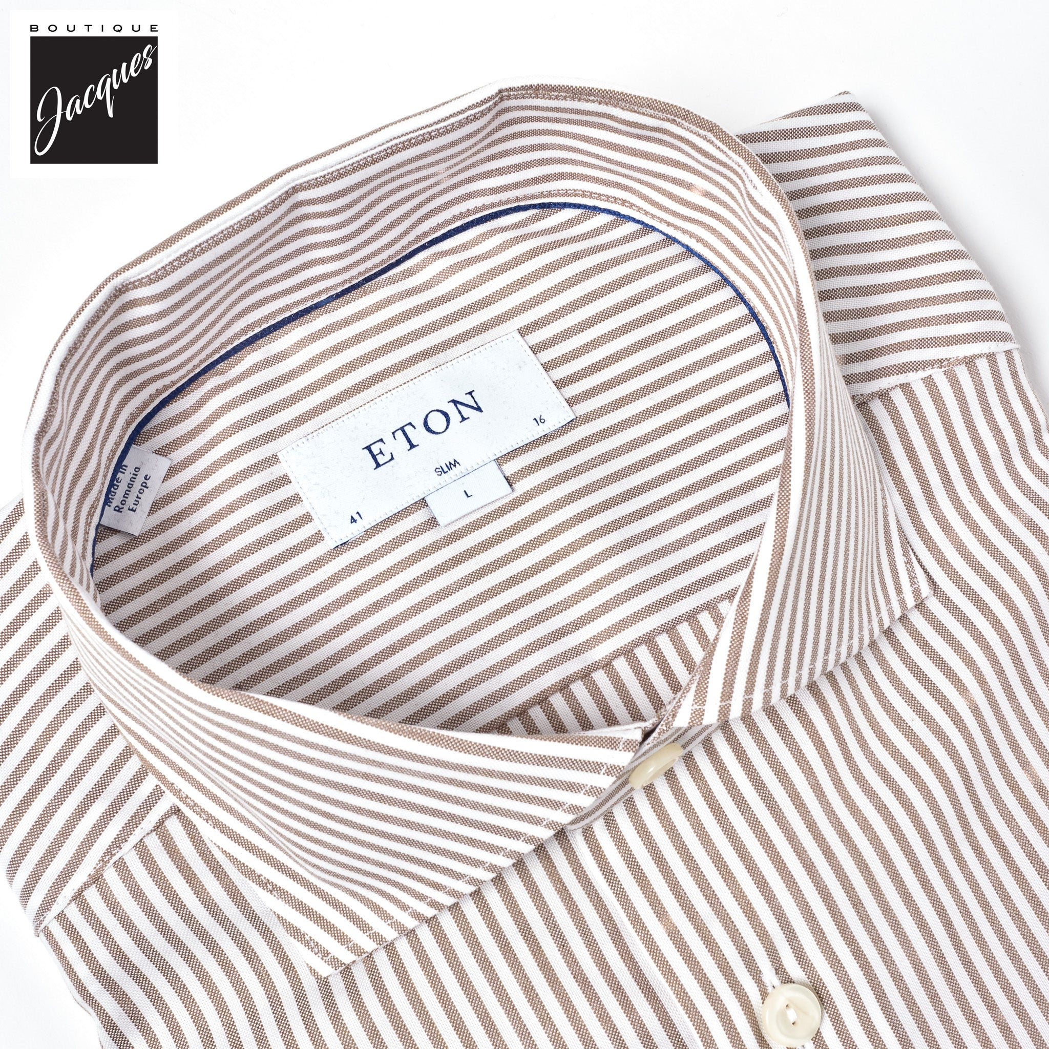 Beige Bengal Stripe Oxford Slim Fit Shirt - Eton