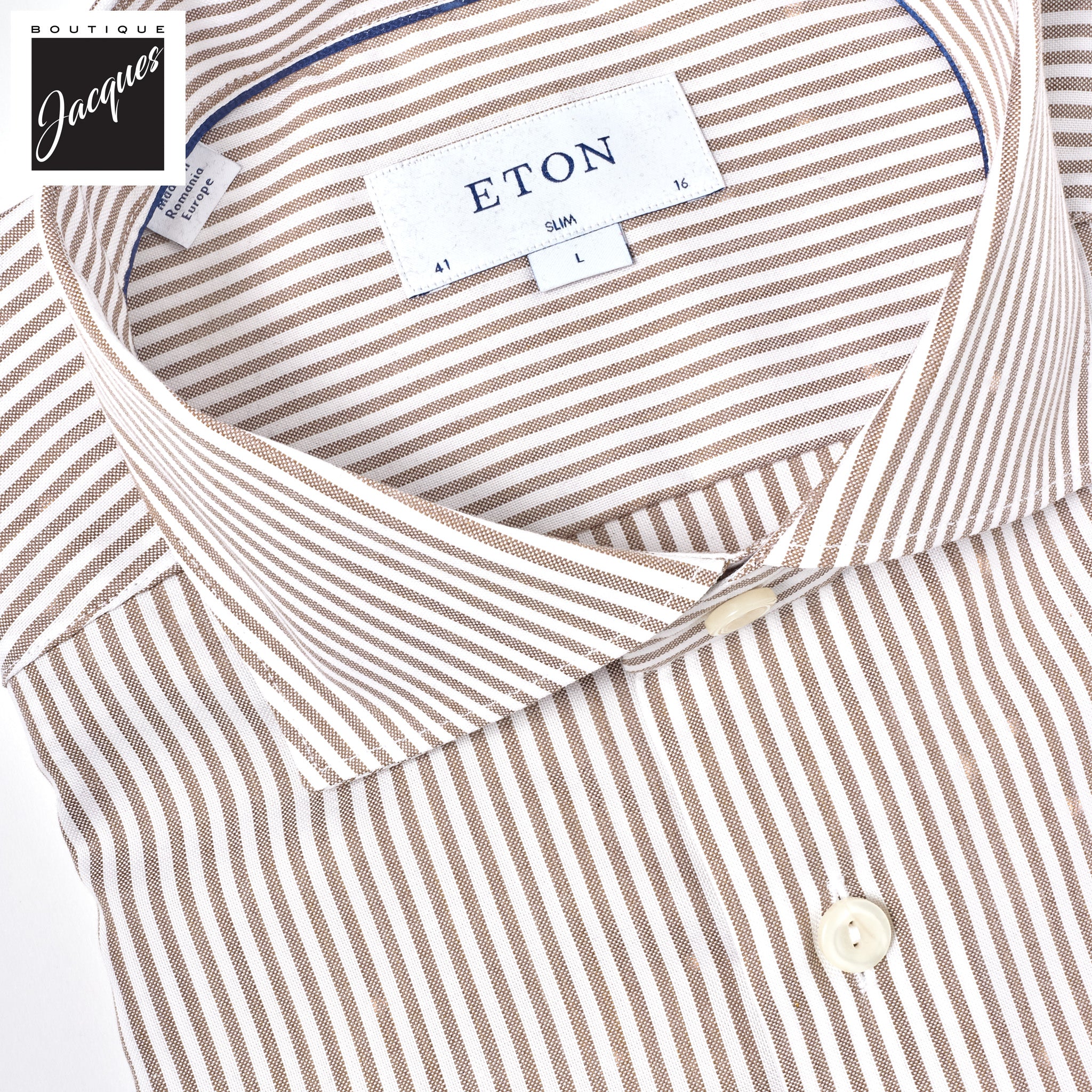 Beige Bengal Stripe Oxford Slim Fit Shirt - Eton