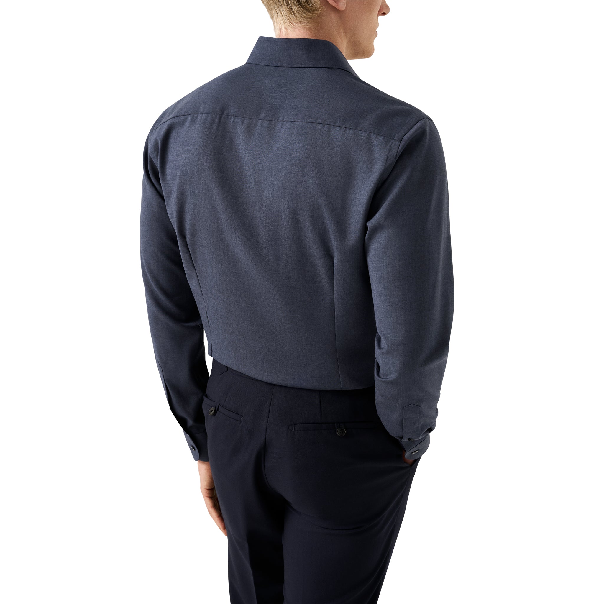 Navy Blue Solid Elevated Merino Wool Slim Fit Dress Shirt - ETON