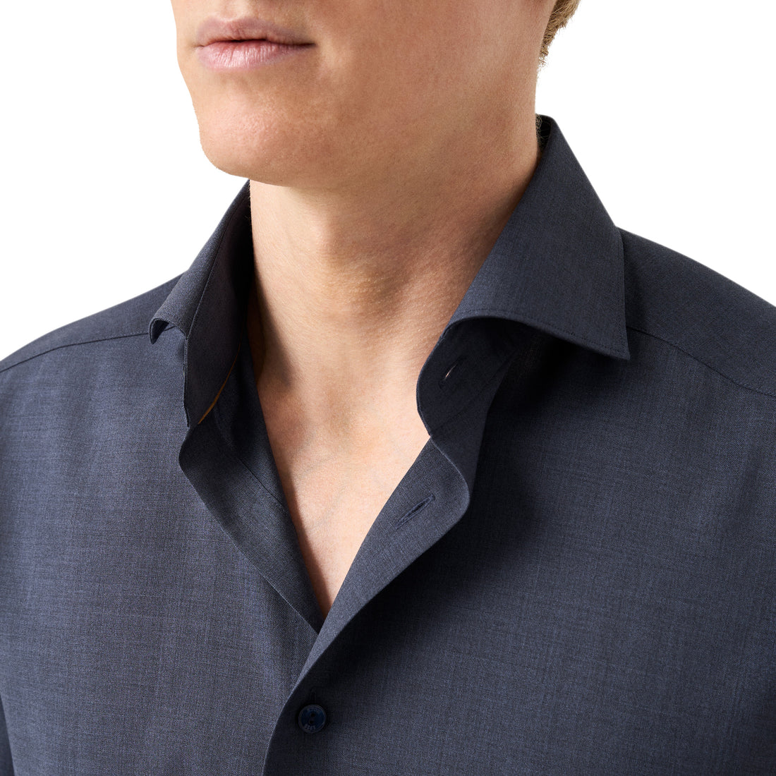 Navy Blue Solid Elevated Merino Wool Slim Fit Dress Shirt - ETON