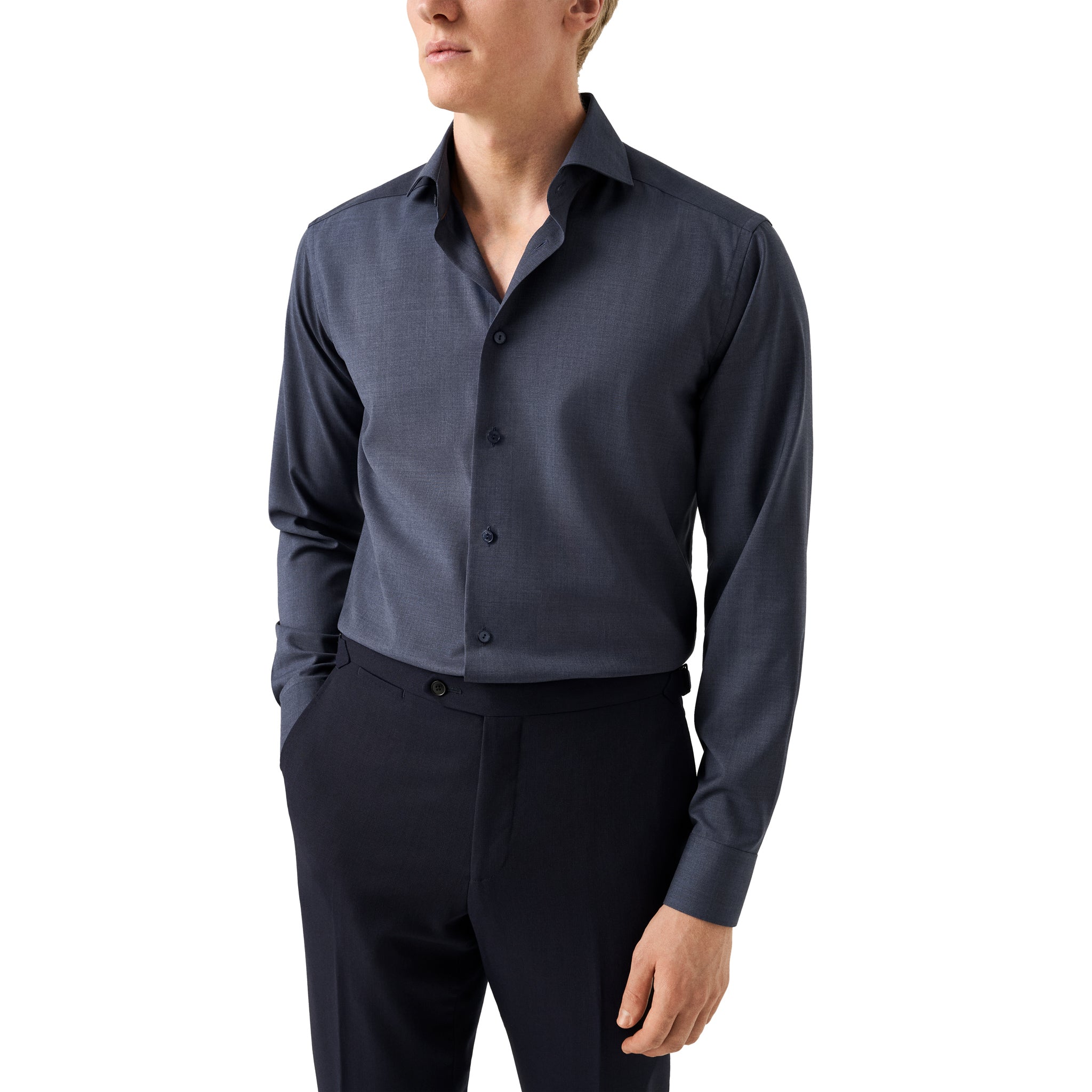 Navy Blue Solid Elevated Merino Wool Slim Fit Dress Shirt - ETON