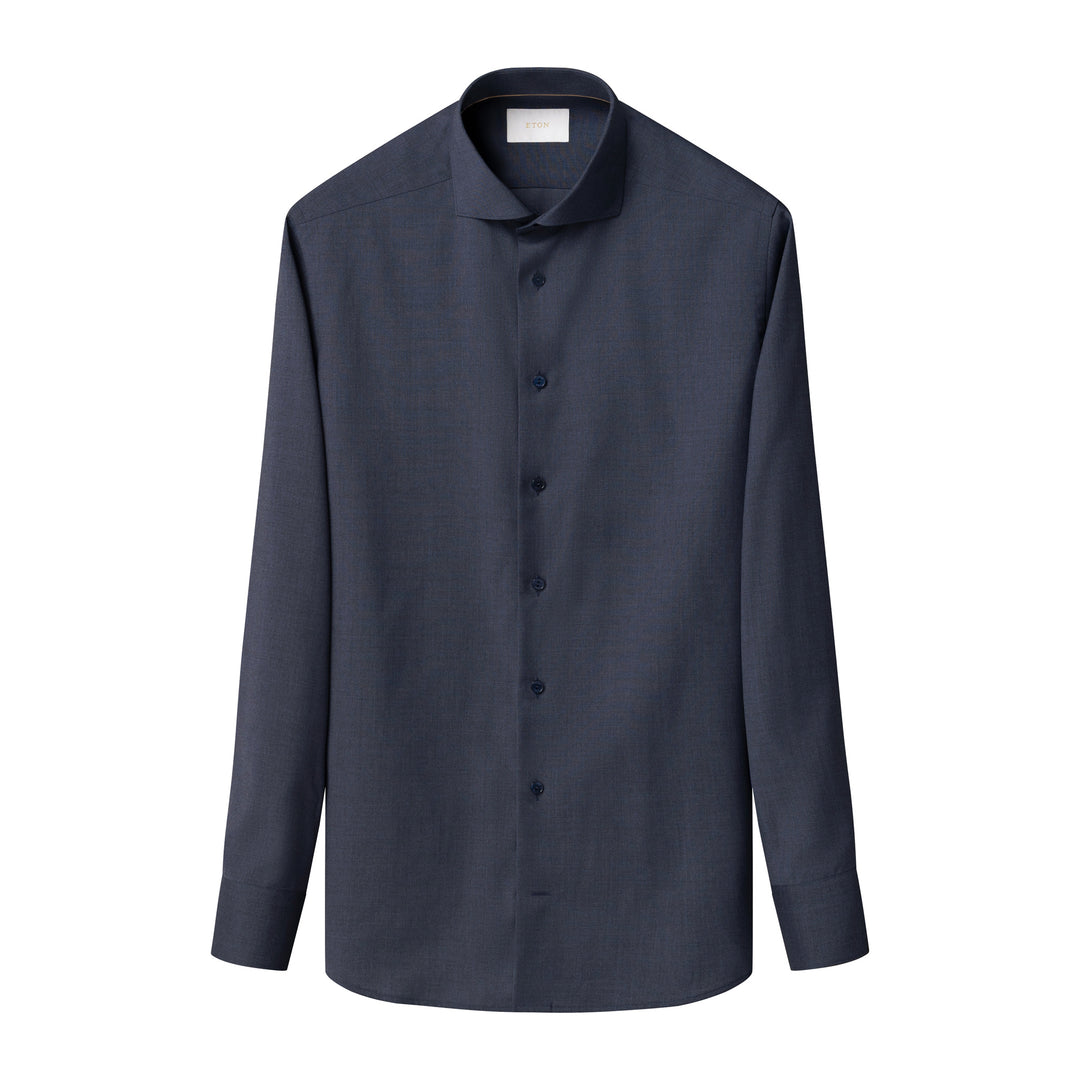 Navy Blue Solid Elevated Merino Wool Slim Fit Dress Shirt - ETON