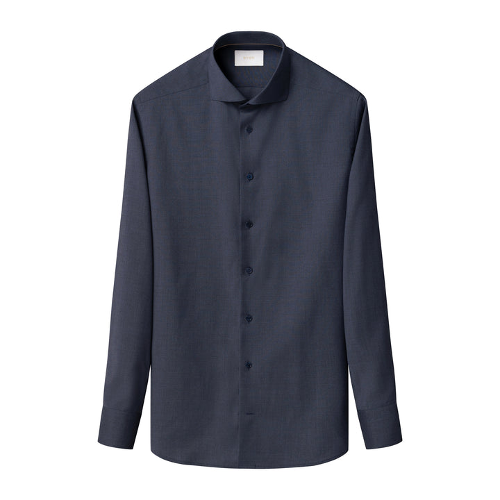 Navy Blue Solid Elevated Merino Wool Slim Fit Dress Shirt - ETON