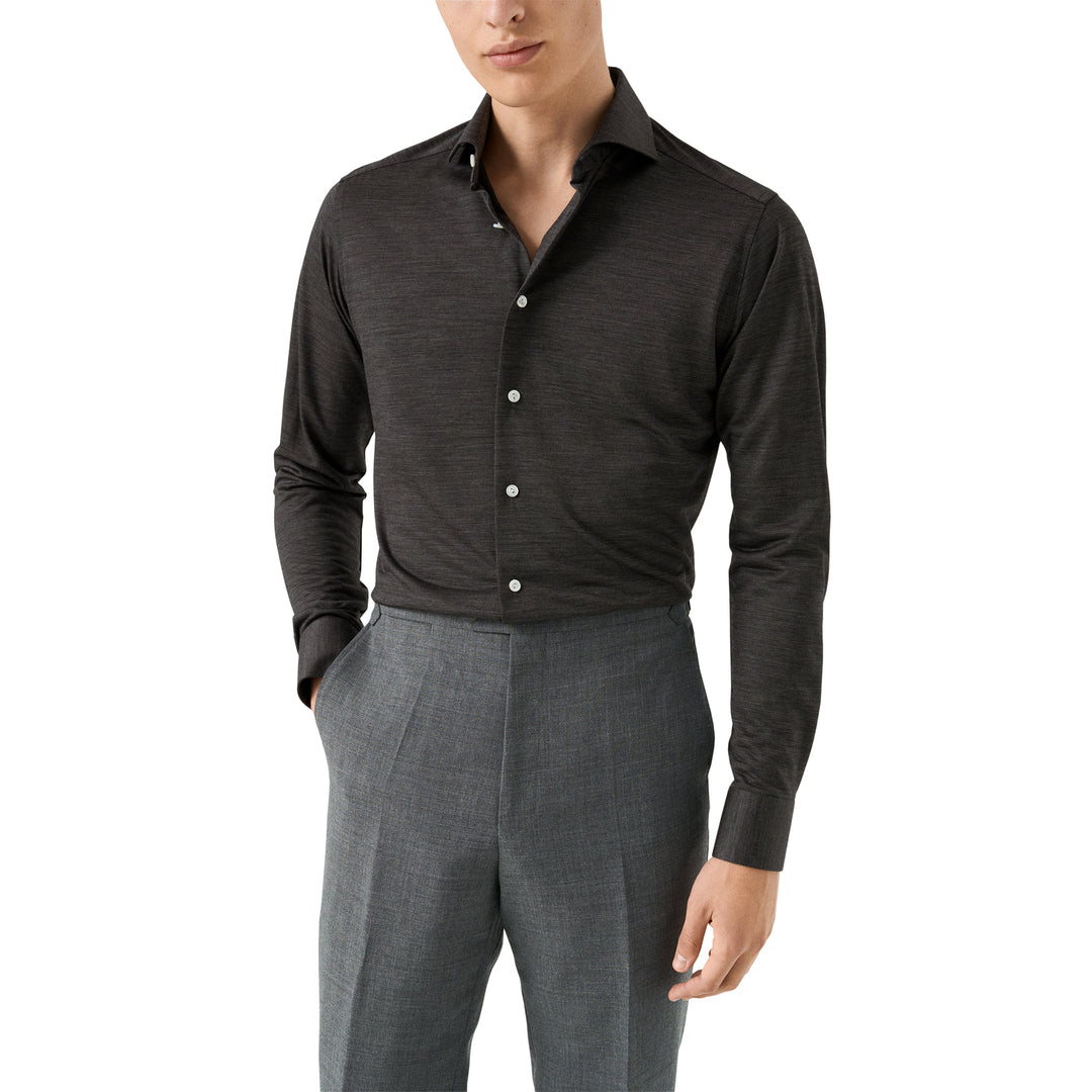 Charcoal Gray Knitted Merino Wool Slim Fit Jersey Shirt - ETON