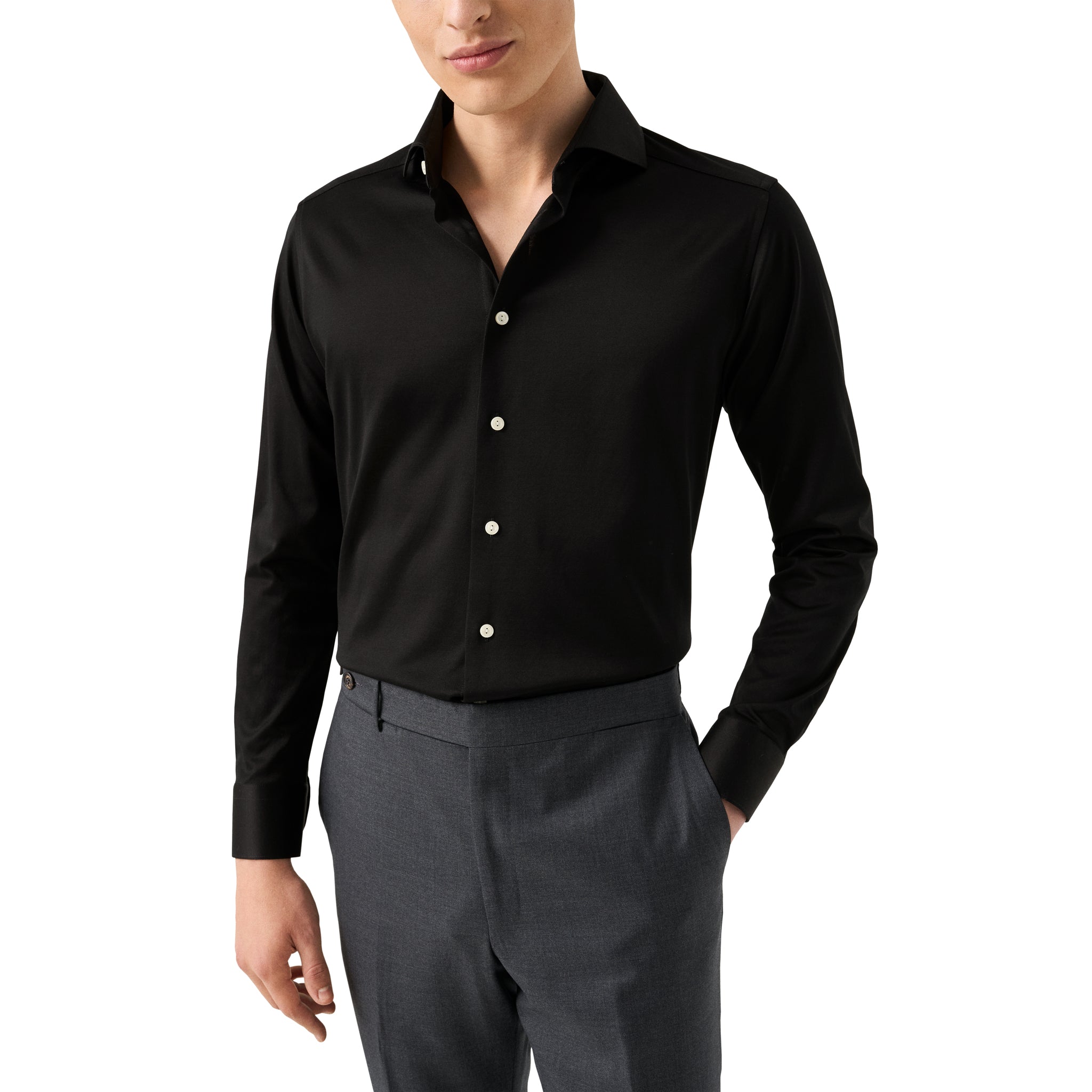Black Solid Filo Di Scozia Cotton Knit Slim Fit Casual Shirt - ETON