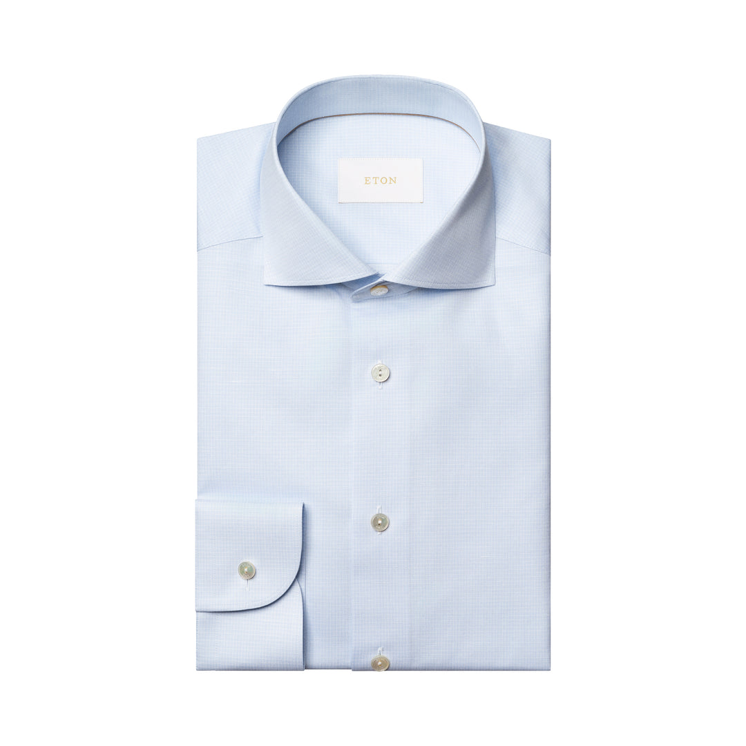 Light Blue Micro Check Elevated Cotton/Linen Slim Fit Shirt - ETON