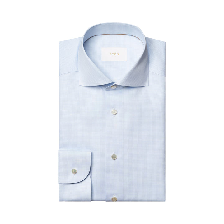 Light Blue Micro Check Elevated Cotton/Linen Slim Fit Shirt - ETON
