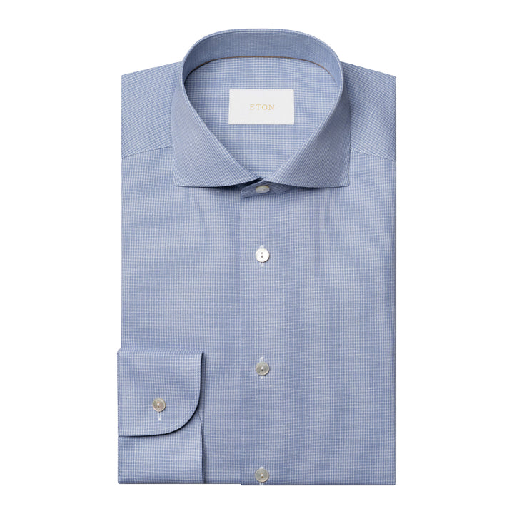 Mid Blue Micro Check Elevated Cotton/Linen Slim Fit Shirt - ETON