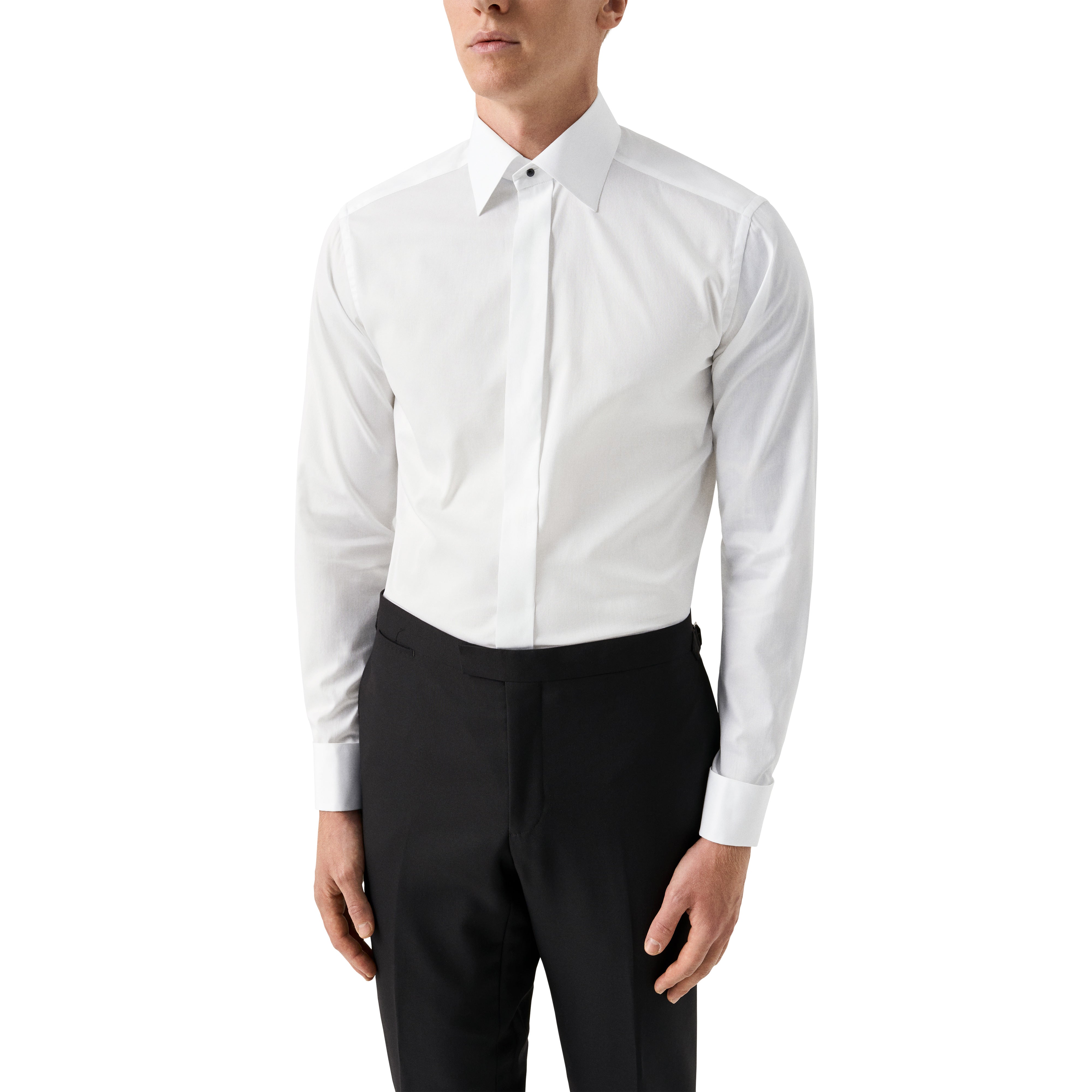 White Semi-Solid Piqué Cotton Fly-Front Slim Fit Tuxedo Shirt - ETON