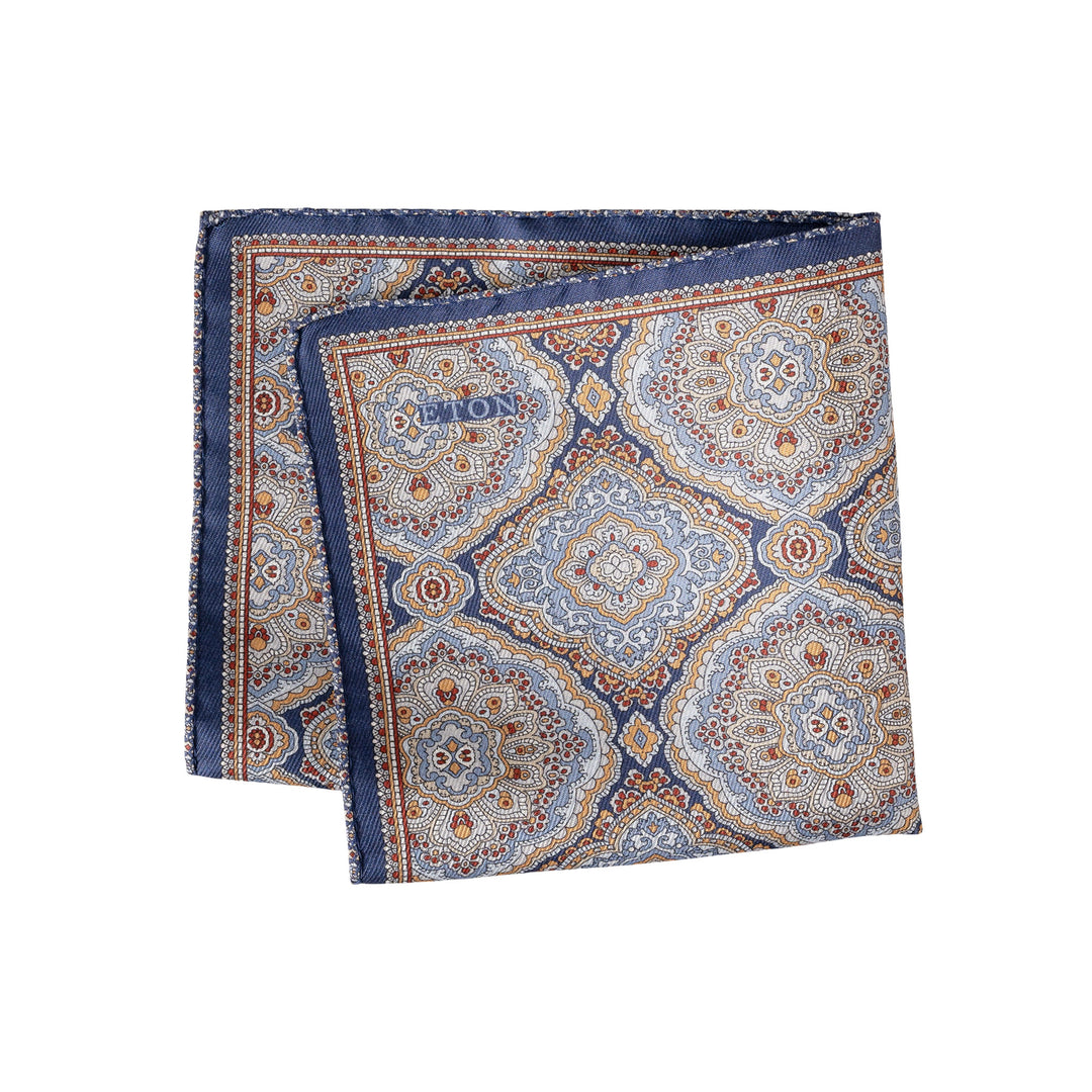 Navy Blue Paisley/Floral Reversible Silk Pocket Square - ETON - Boutique Jacques International