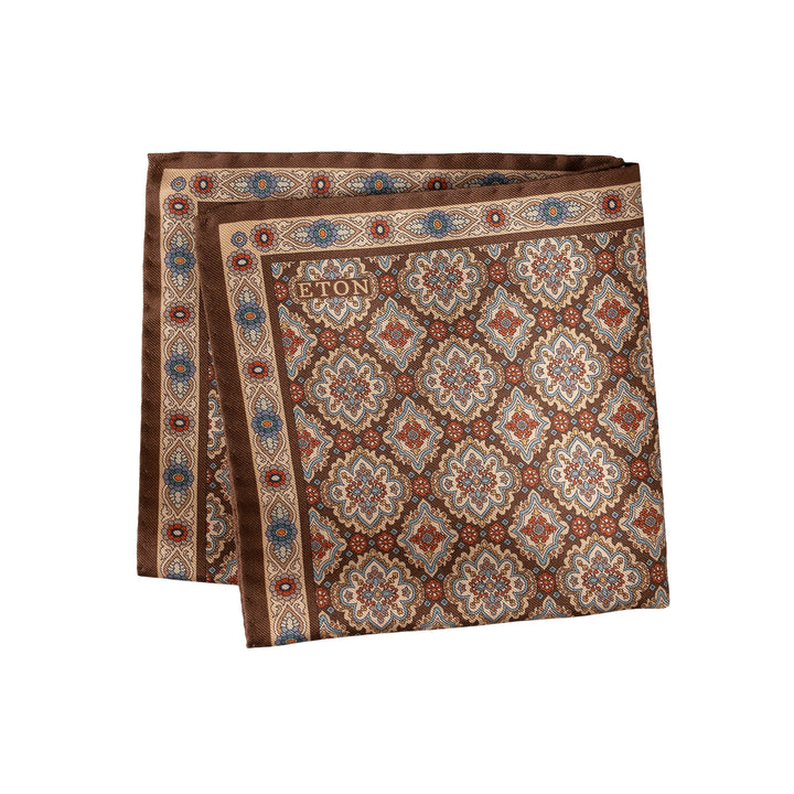 Brown Medallion Dyed Silk Twill Pocket Square - ETON
