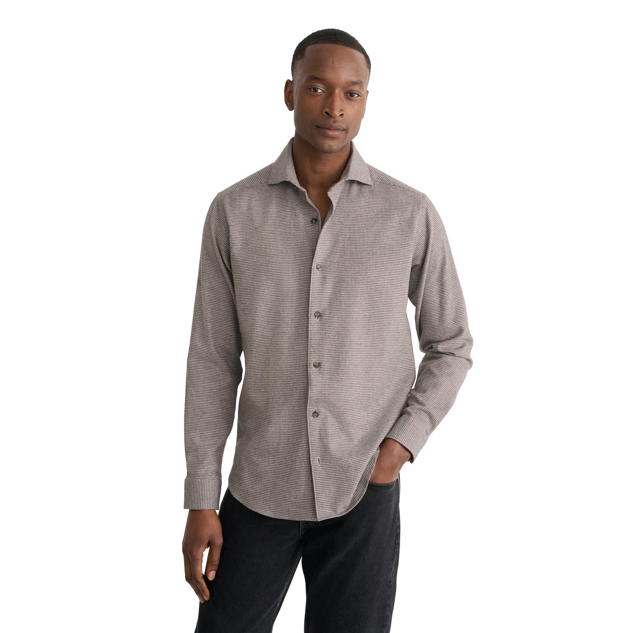 Brown Houndstooth Cotton Flannel Casual Fit Shirt - ETON