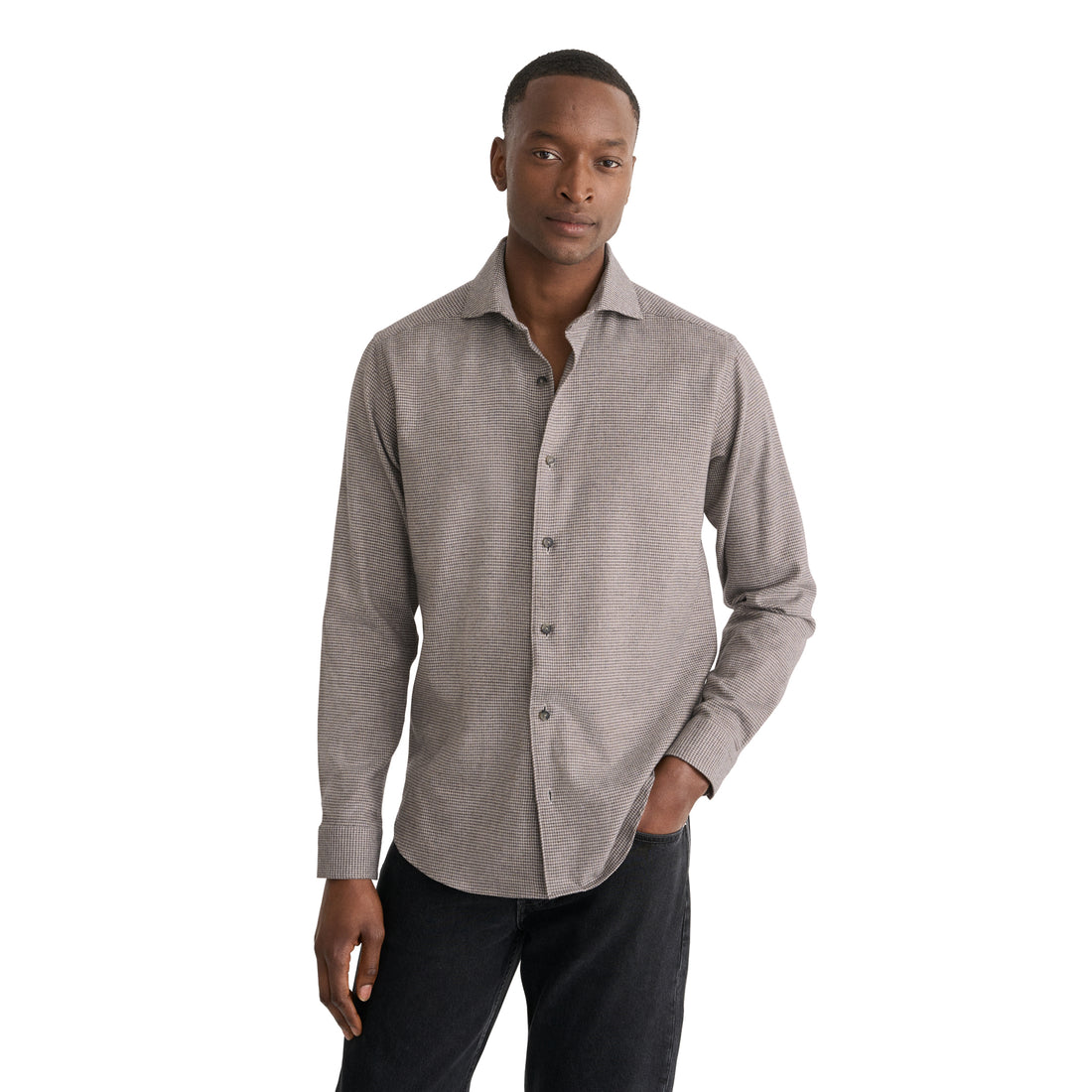 Brown Houndstooth Cotton Flannel Casual Fit Shirt - ETON