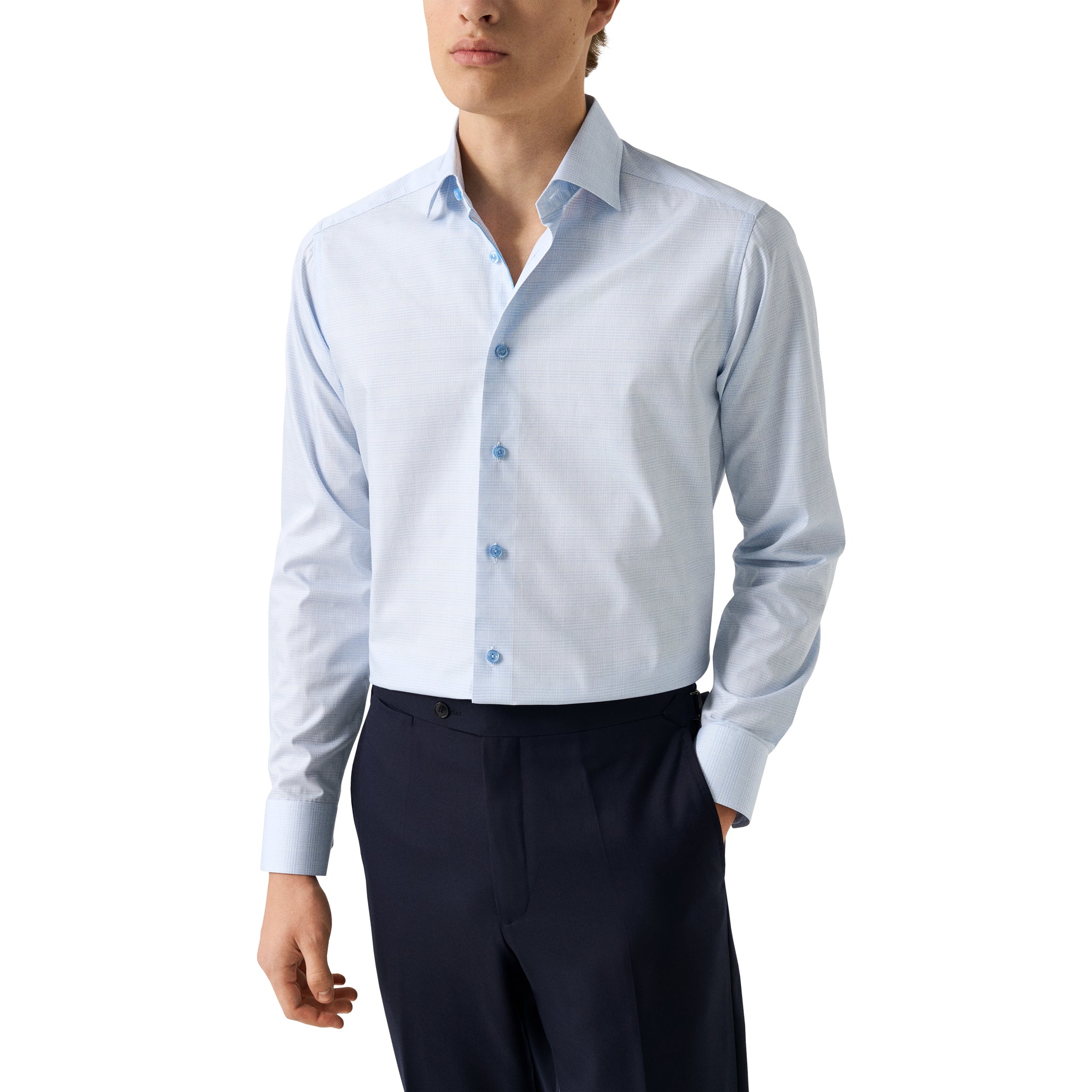 Light Blue Prince of Wales Check Signature Twill Contemporary Fit Shirt - ETON - Boutique Jacques International