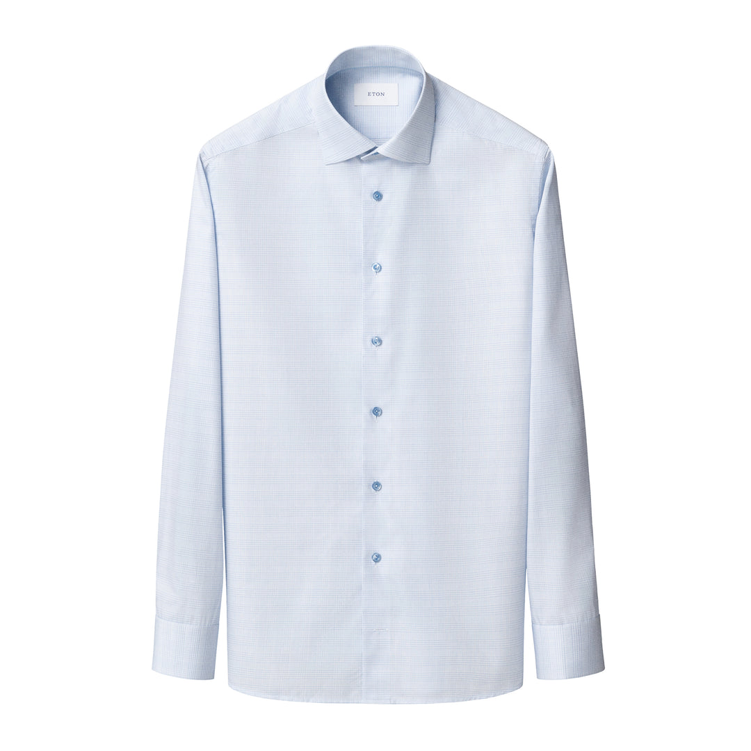 Light Blue Prince of Wales Check Signature Twill Contemporary Fit Shirt - ETON - Boutique Jacques International