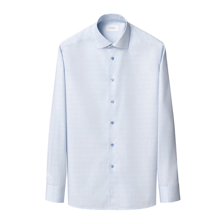 Light Blue Prince of Wales Check Signature Twill Contemporary Fit Shirt - ETON - Boutique Jacques International