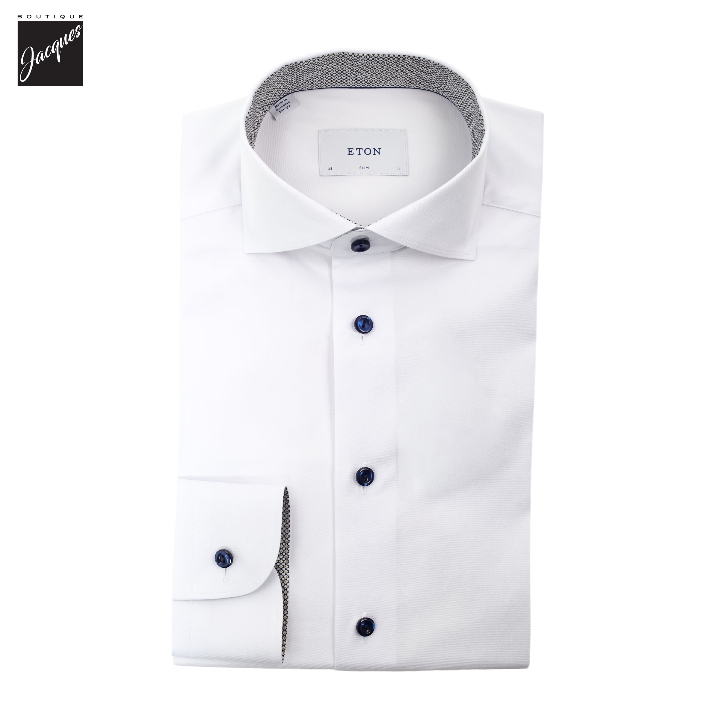 White with Navy Geometric Effect Signature Twill Slim Fit Shirt - ETON - Boutique Jacques International