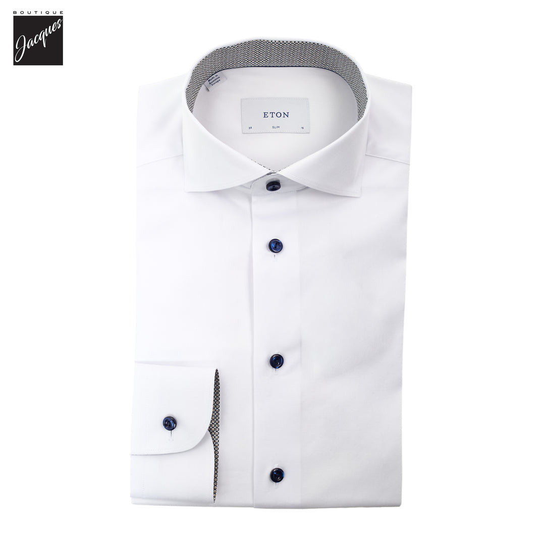 White with Navy Geometric Effect Signature Twill Slim Fit Shirt - ETON - Boutique Jacques International