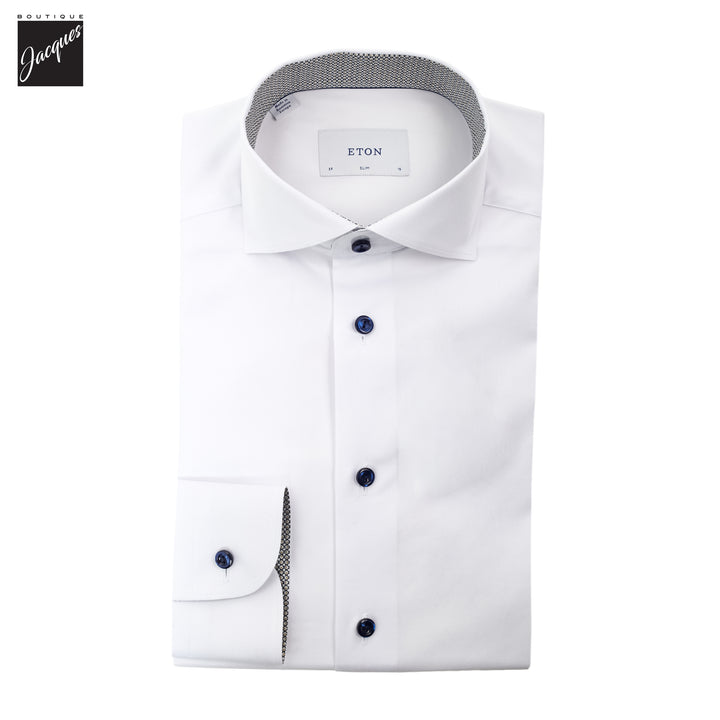 White with Navy Geometric Effect Signature Twill Slim Fit Shirt - ETON - Boutique Jacques International