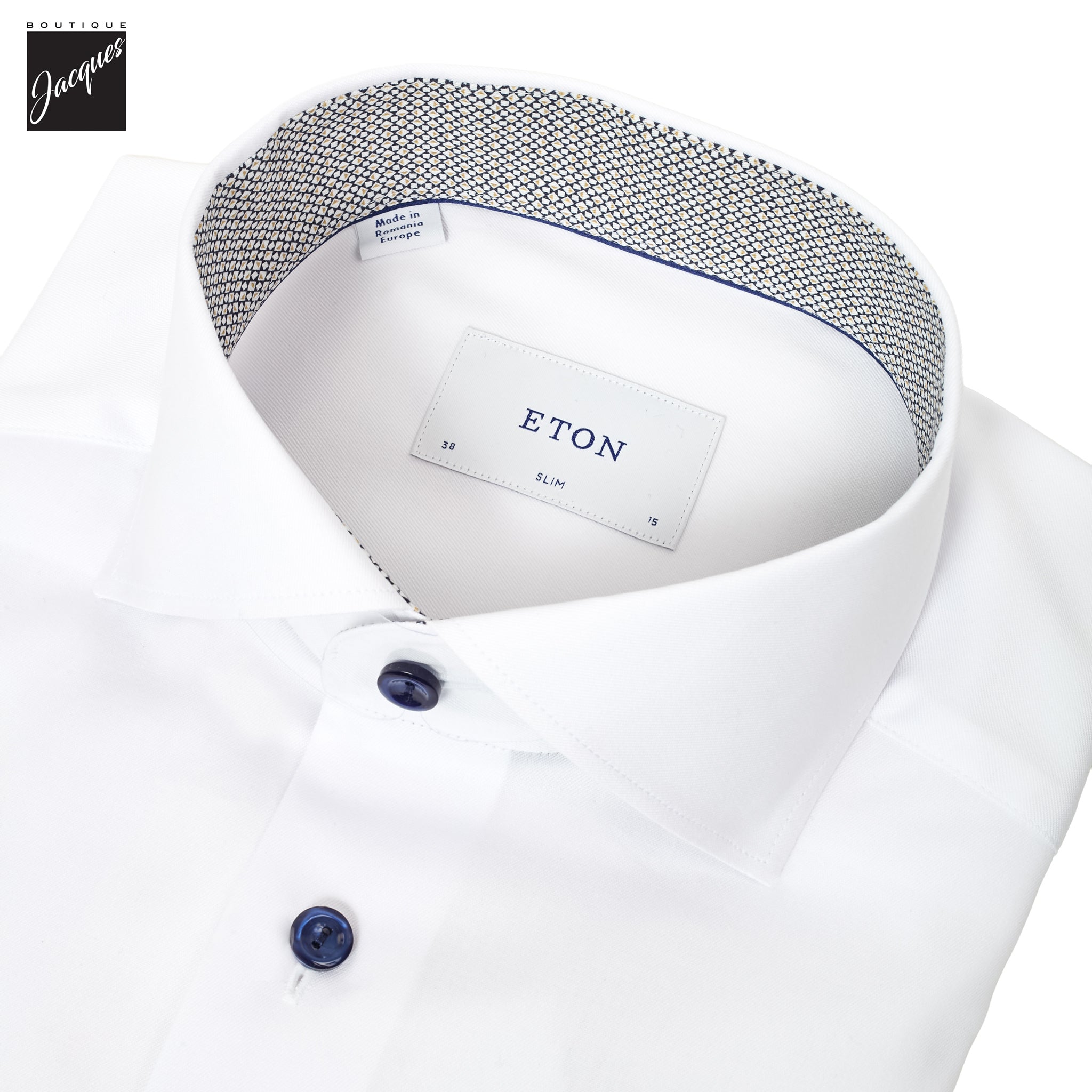 White with Navy Geometric Effect Signature Twill Slim Fit Shirt - ETON - Boutique Jacques International