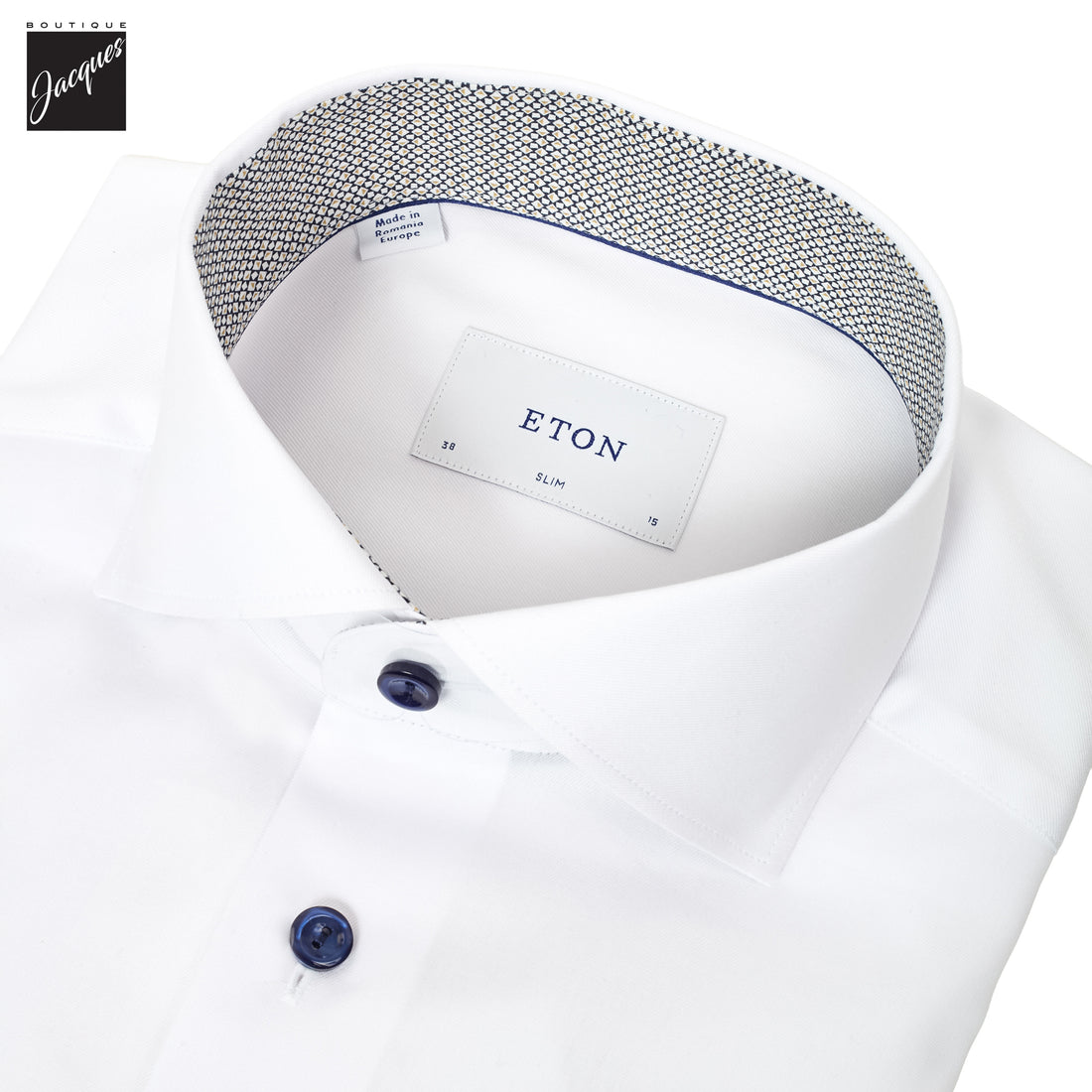 White with Navy Geometric Effect Signature Twill Slim Fit Shirt - ETON - Boutique Jacques International