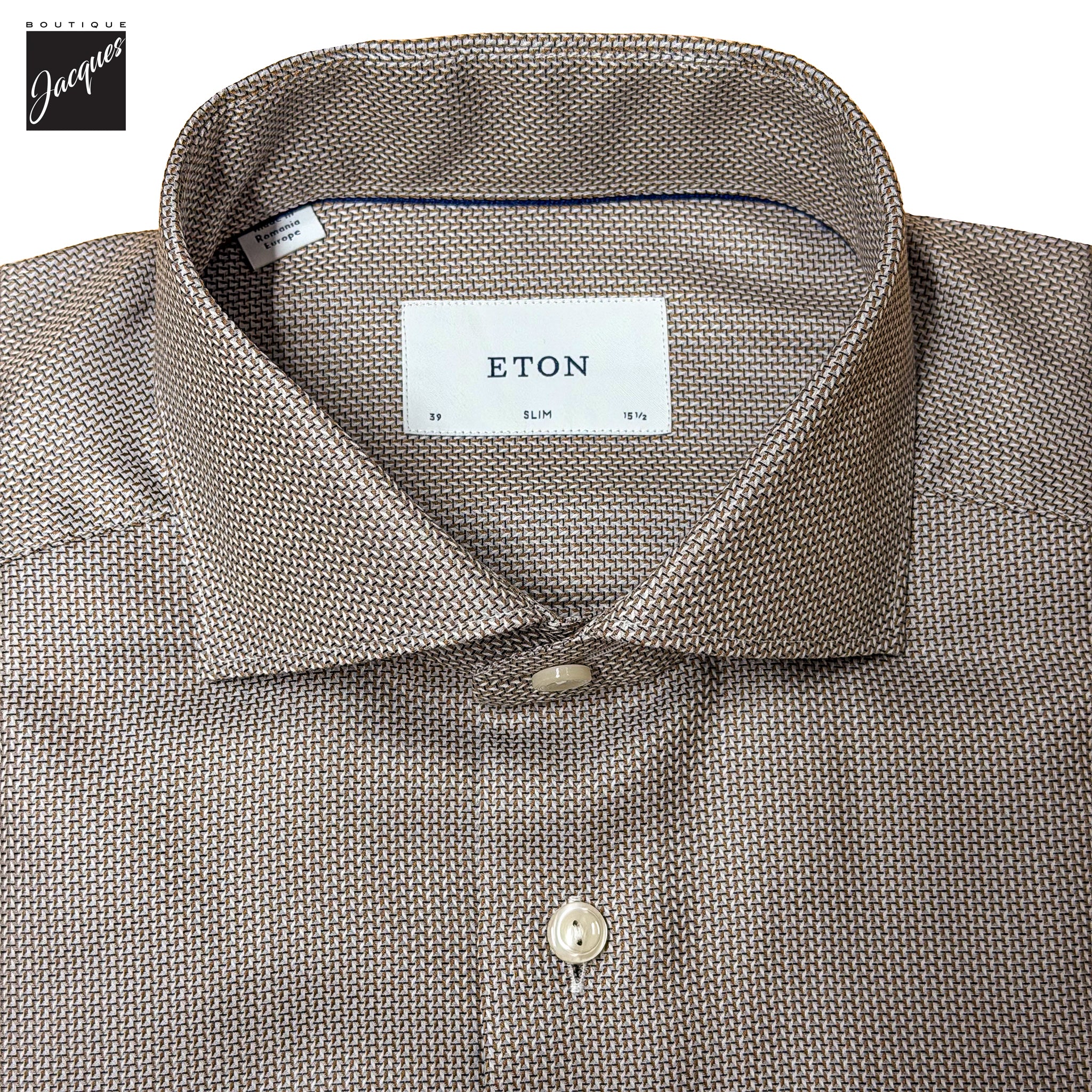 Brown semi-solid dobby cotton slim fit dress shirt by ETON, spread collar
