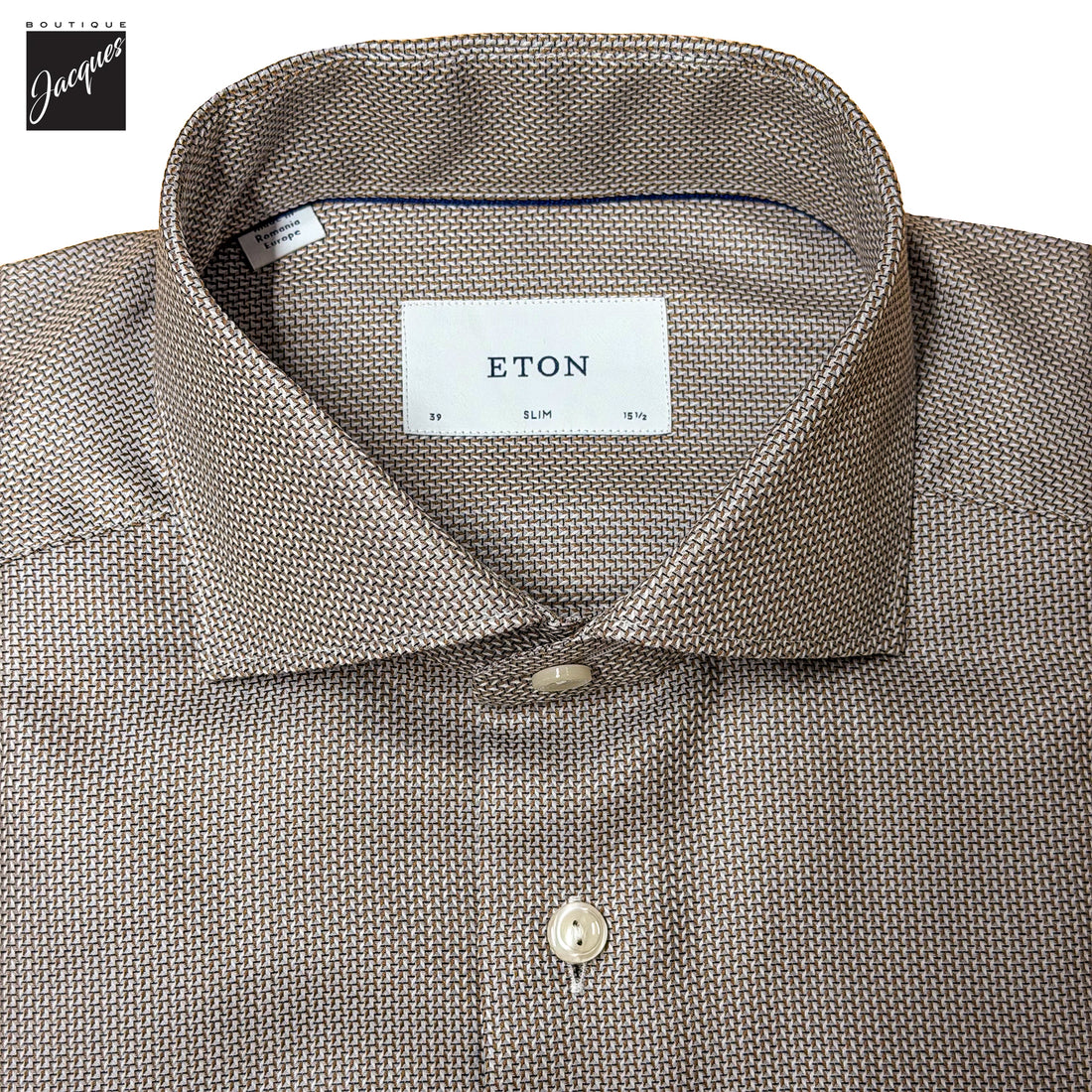 Brown semi-solid dobby cotton slim fit dress shirt by ETON, spread collar