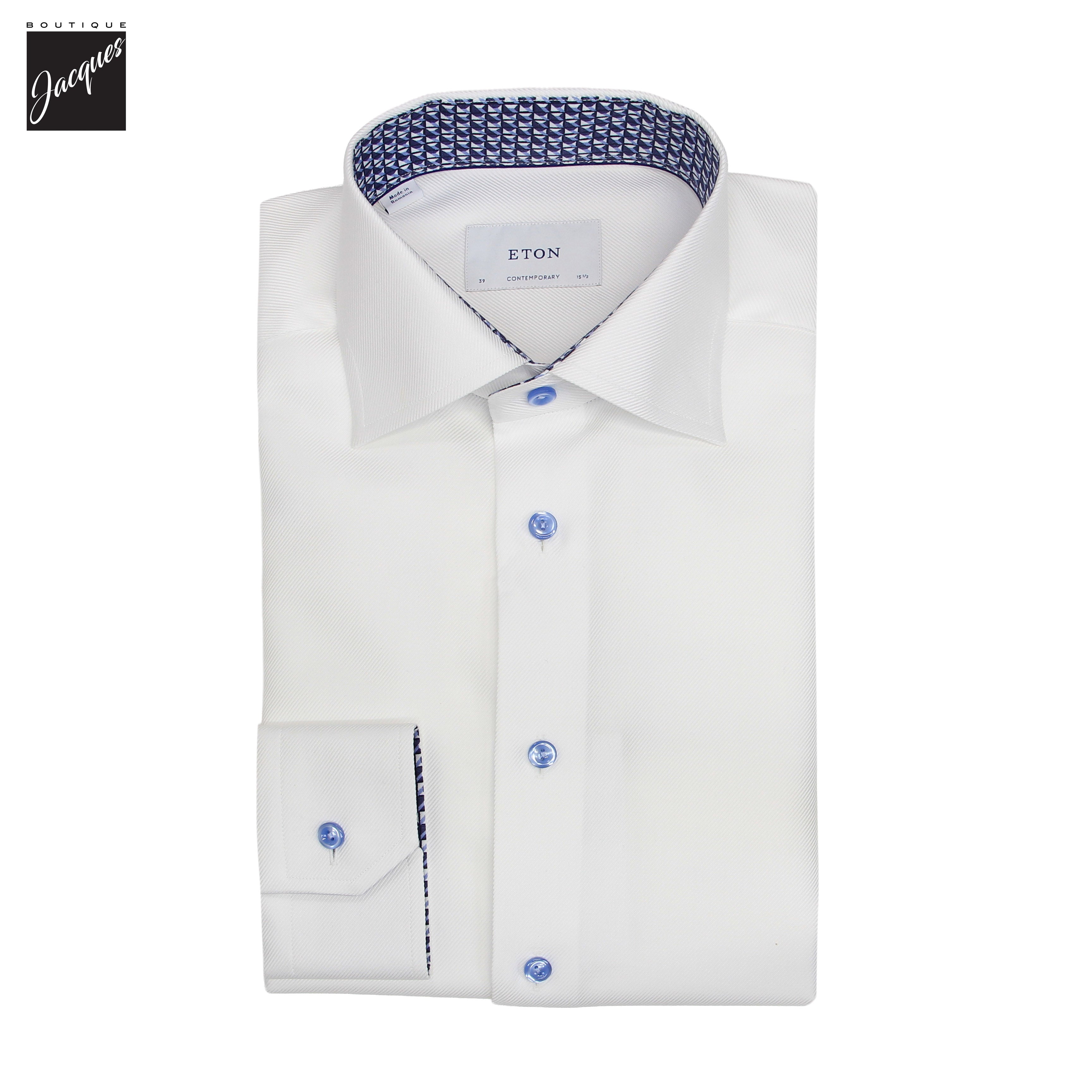 White Textured Twill Contemporary Fit Shirt w/ Geometric Effect Contrast - ETON