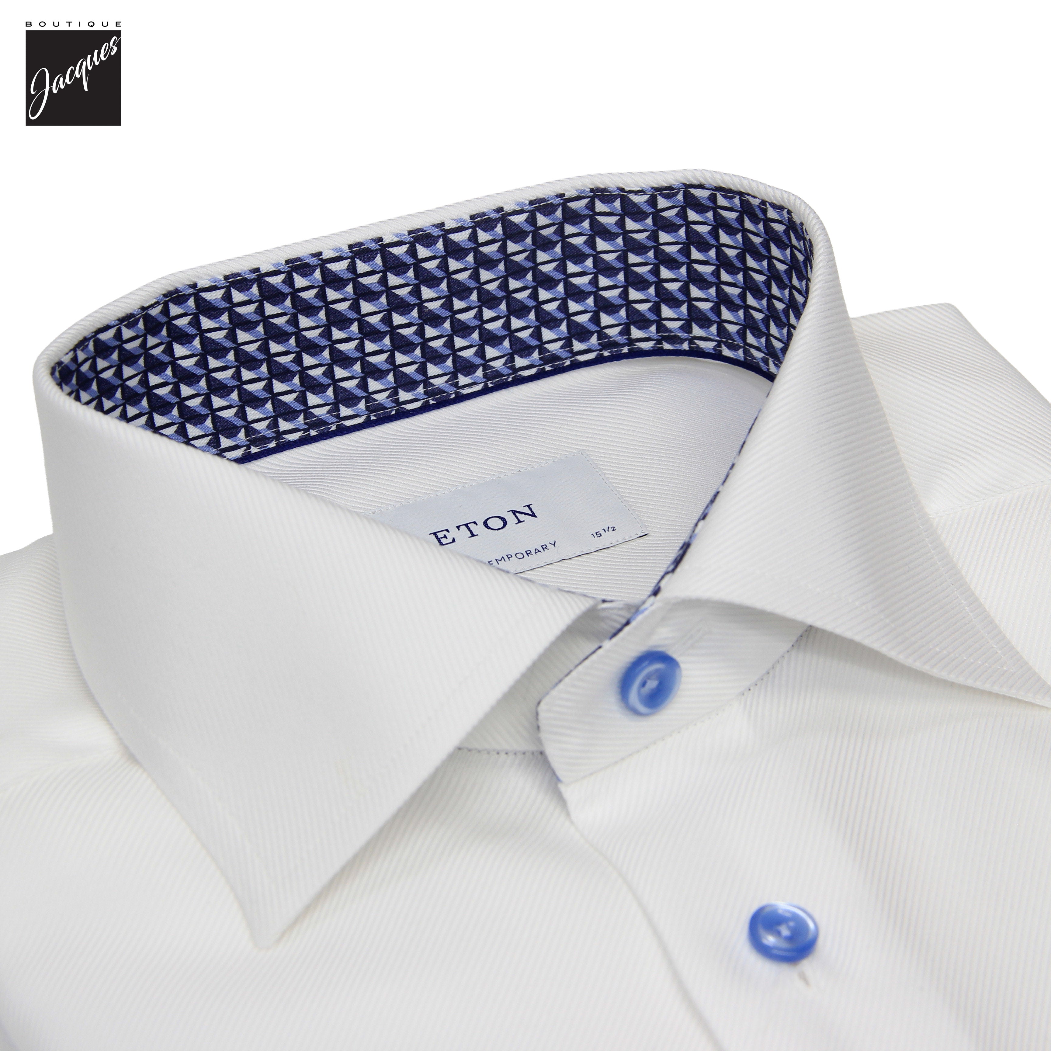 White Textured Twill Contemporary Fit Shirt w/ Geometric Effect Contrast - ETON