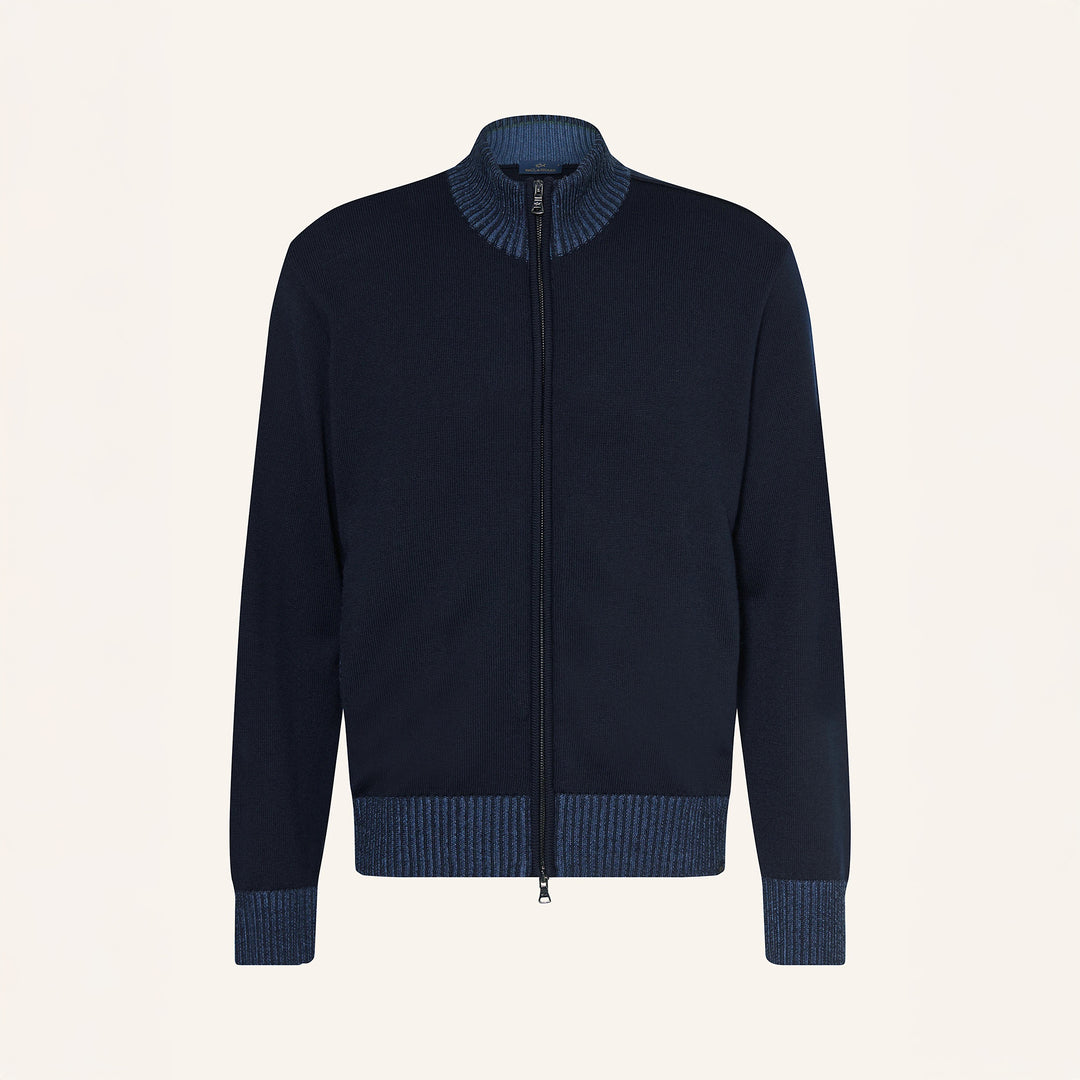Navy Blue Soft Cool-Touch Wool Full Zip Sweater - PAUL & SHARK