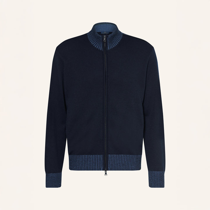 Navy Blue Soft Cool-Touch Wool Full Zip Sweater - PAUL & SHARK