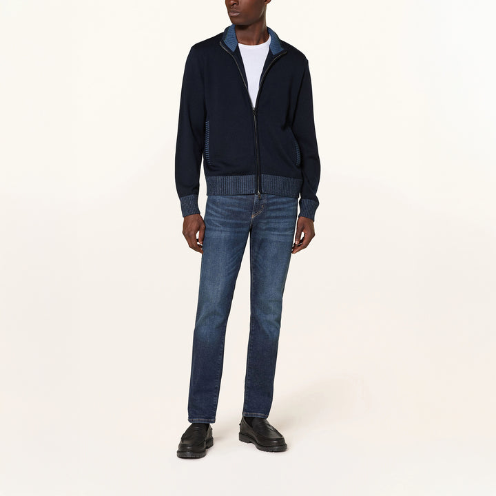 Navy Blue Soft Cool-Touch Wool Full Zip Sweater - PAUL & SHARK