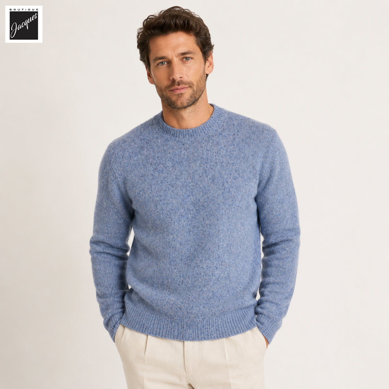 Baby Blue Mélange Cotton/Alpaca/Wool Crew Neck Sweater - Phil Petter