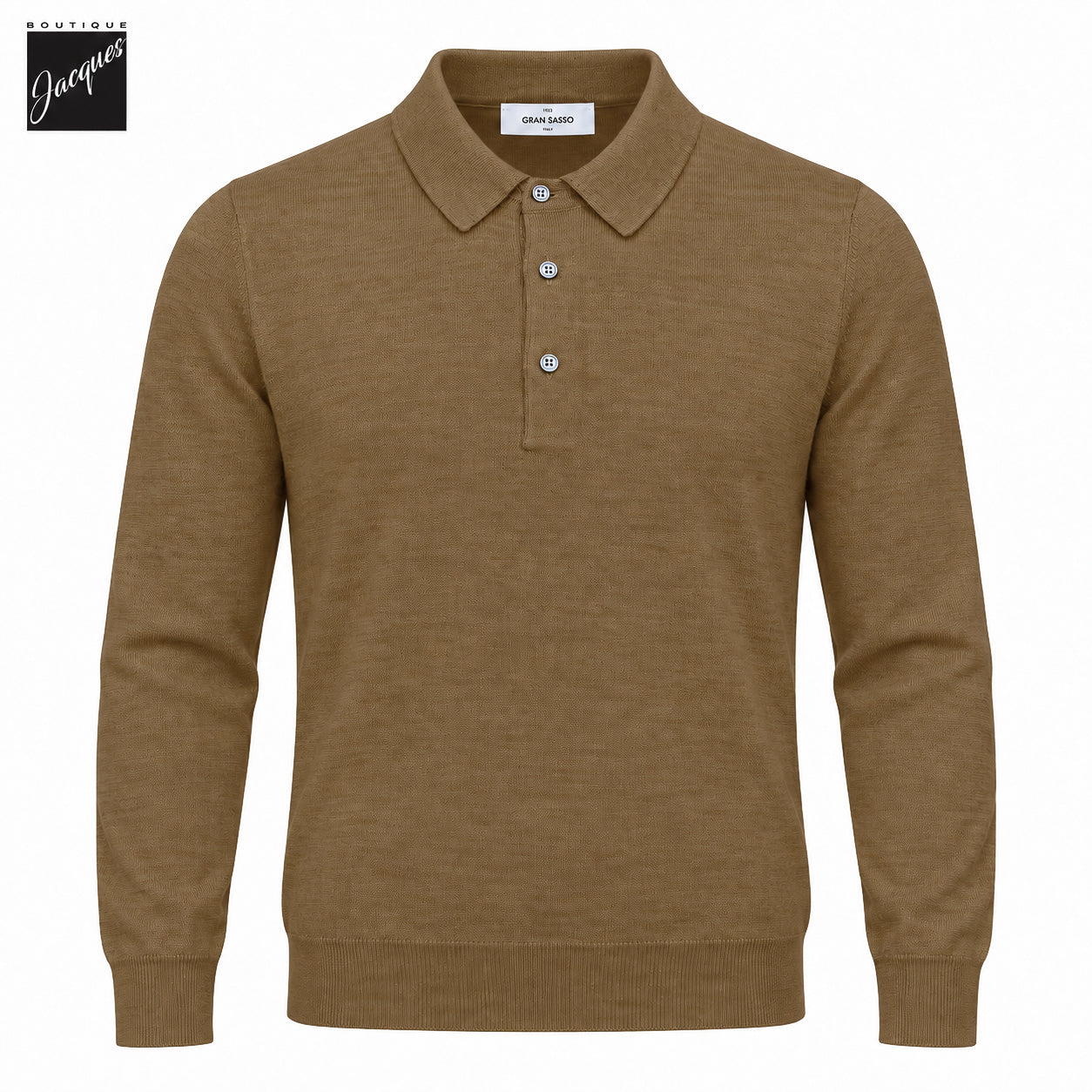 Polo à manches longues en tricot de laine et soie ultrafine marron caramel - GRAN SASSO