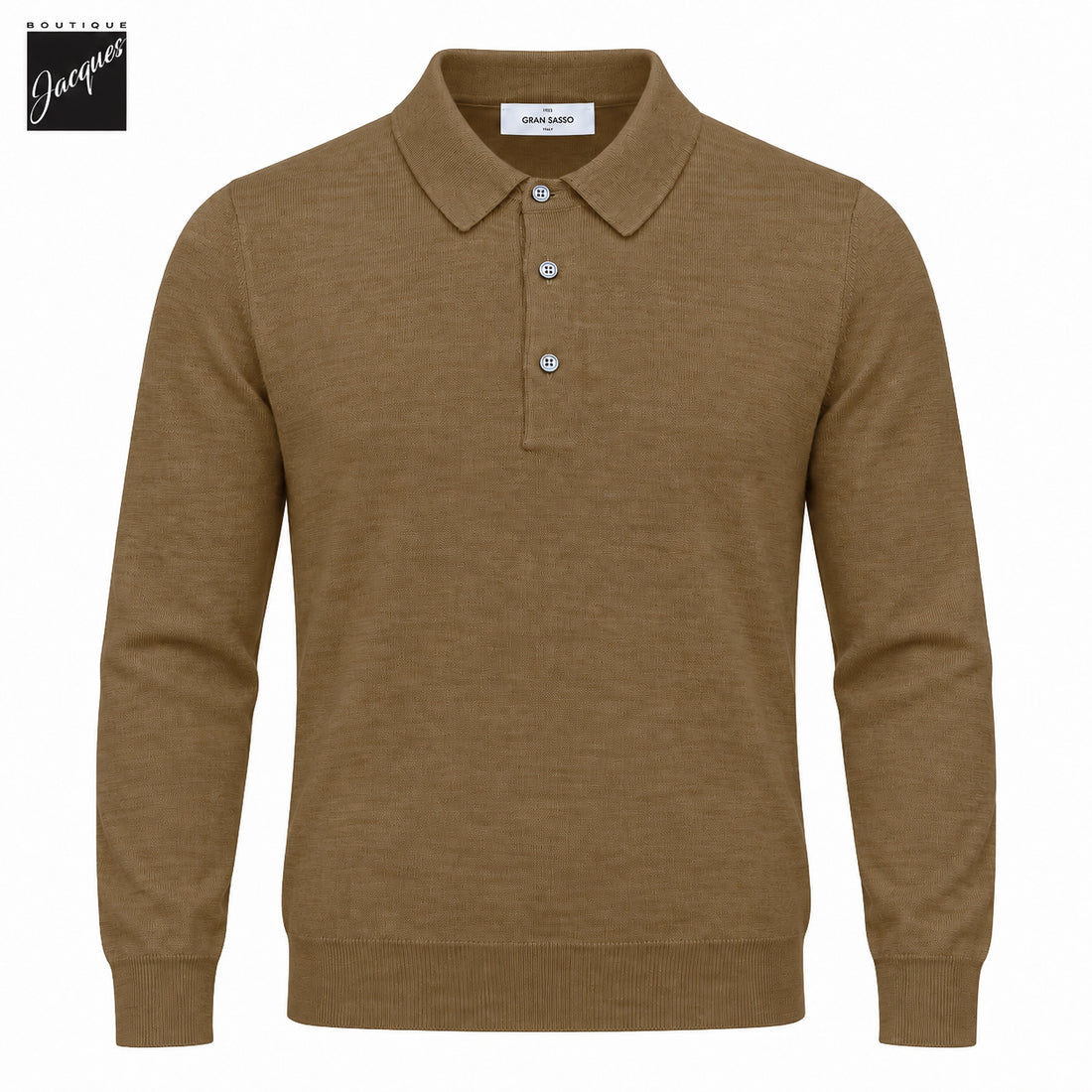 Polo à manches longues en tricot de laine et soie ultrafine marron caramel - GRAN SASSO